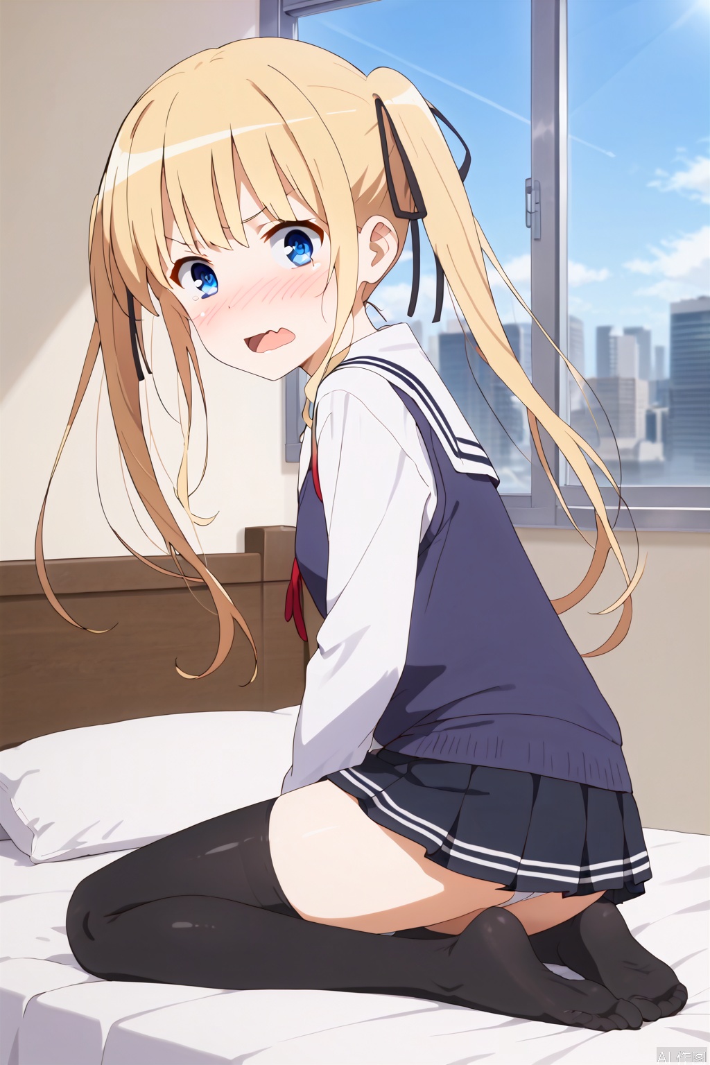 1girl,solo,blue eyes,blonde hair,ribbon twintails,hair ribbon,ribbon floating hair,long hair,skirt,underwear,school uniform,,ass,pleated skirt,black thighhighs,black skirt,sweater vest,skirt,blonde hair,shirt,white shirt,(slim:1.5),(skinny:1.2),shock,(blush:1.3),tear,wavy mouth,fangs,open the mouth,bed,Indoor,Window,Sunshine,city,bare feet