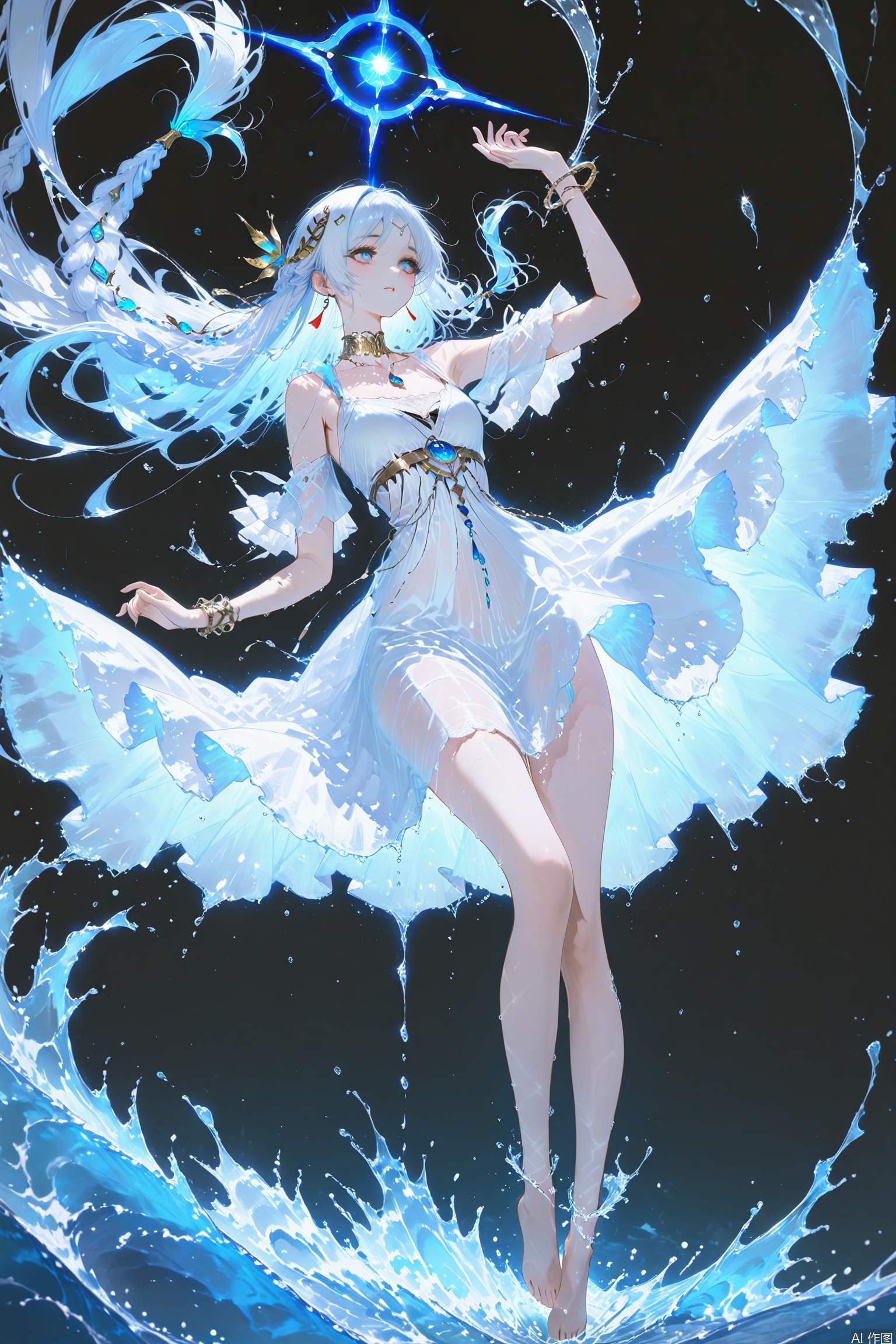 masterpiece,best quality,amazing quality,very aesthetic,absurdres,best quality,newest,highly detailed digital,1girl, solo, long hair, hair ornament, dress, jewelry, blue hair, full body, braid, white hair, barefoot, water, white dress, floating,light corpuscle,digital illustration