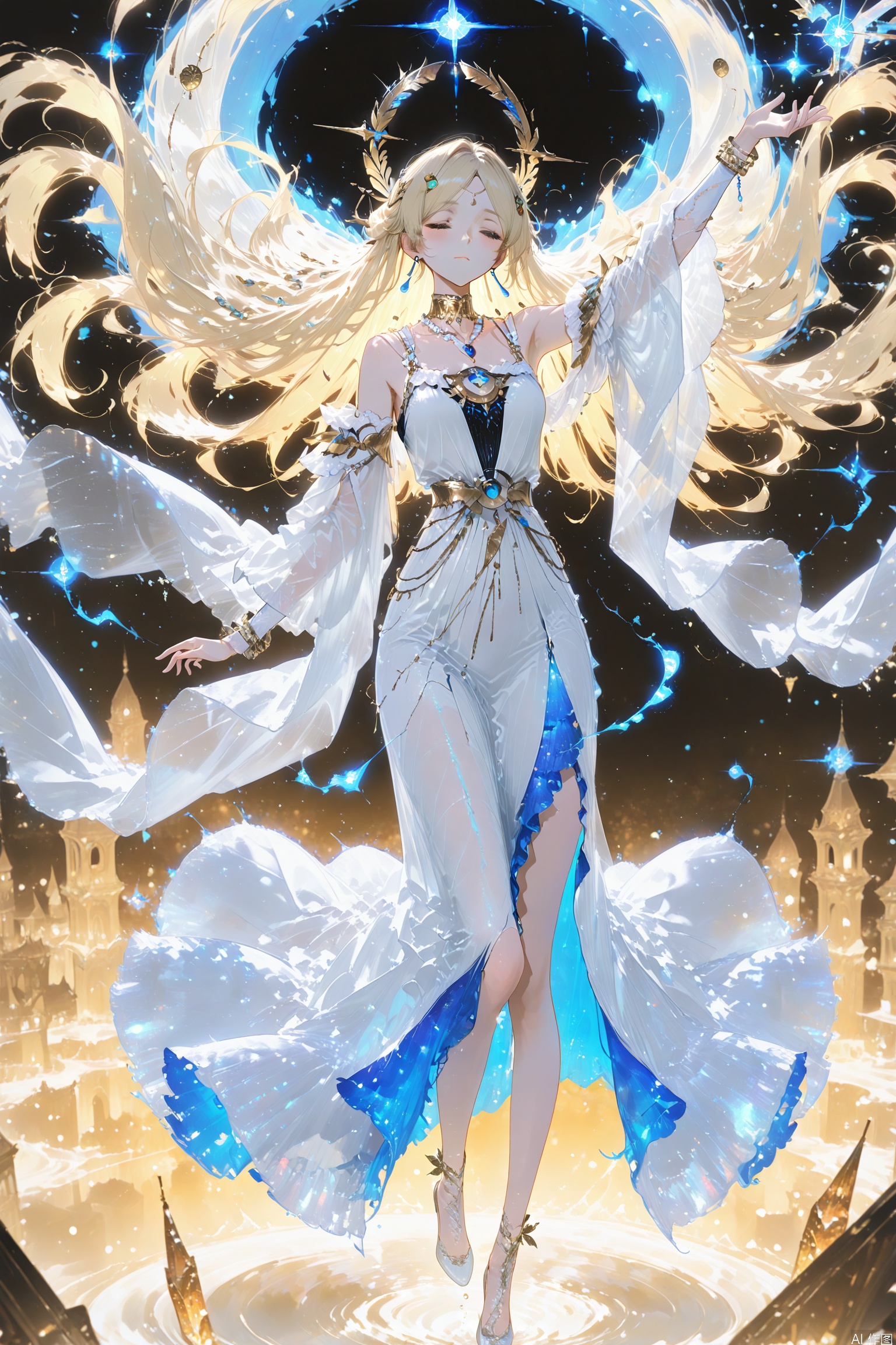 masterpiece,best quality,amazing quality,very aesthetic,absurdres,best quality,newest,highly detailed digital,light corpuscle,digital illustration,1girl, solo, long hair, blonde hair, hair ornament, dress, jewelry, full body, closed eyes, earrings, white dress, floating