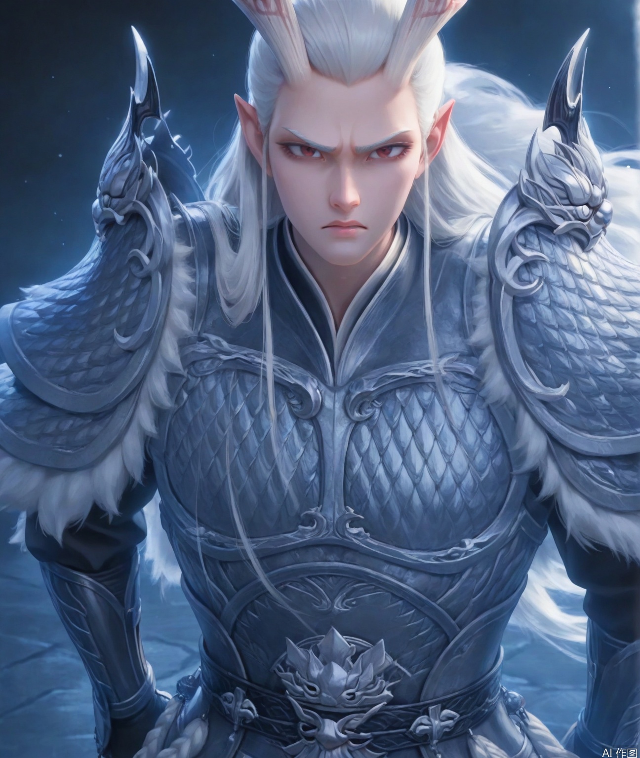 ((very awa)),solo,highly detailed,(best quality),((masterpiece)),aoguang,armor,long hair,white hair,horns,pointy ears,shoulder armor,looking at viewer,,1boy,male focus,male,mature,,yan,disgust,