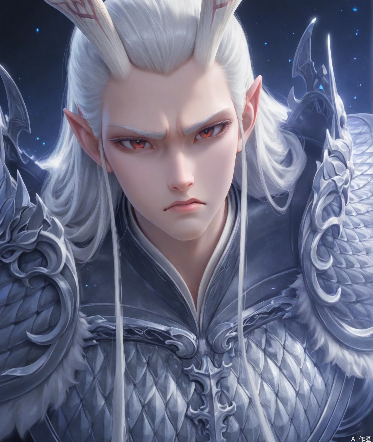 ((very awa)),solo,highly detailed,(best quality),((masterpiece)),aoguang,armor,long hair,white hair,horns,pointy ears,shoulder armor,looking at viewer,,1boy,male focus,male,mature,,yan,disgust,