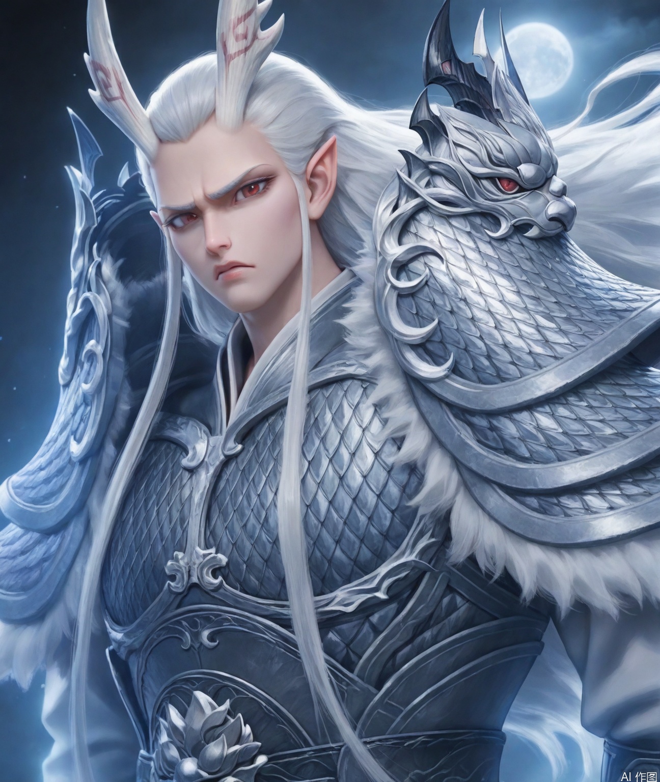 ((very awa)),solo,highly detailed,(best quality),((masterpiece)),aoguang,armor,long hair,white hair,horns,pointy ears,shoulder armor,looking at viewer,,1boy,male focus,male,mature,,yan,disgust,