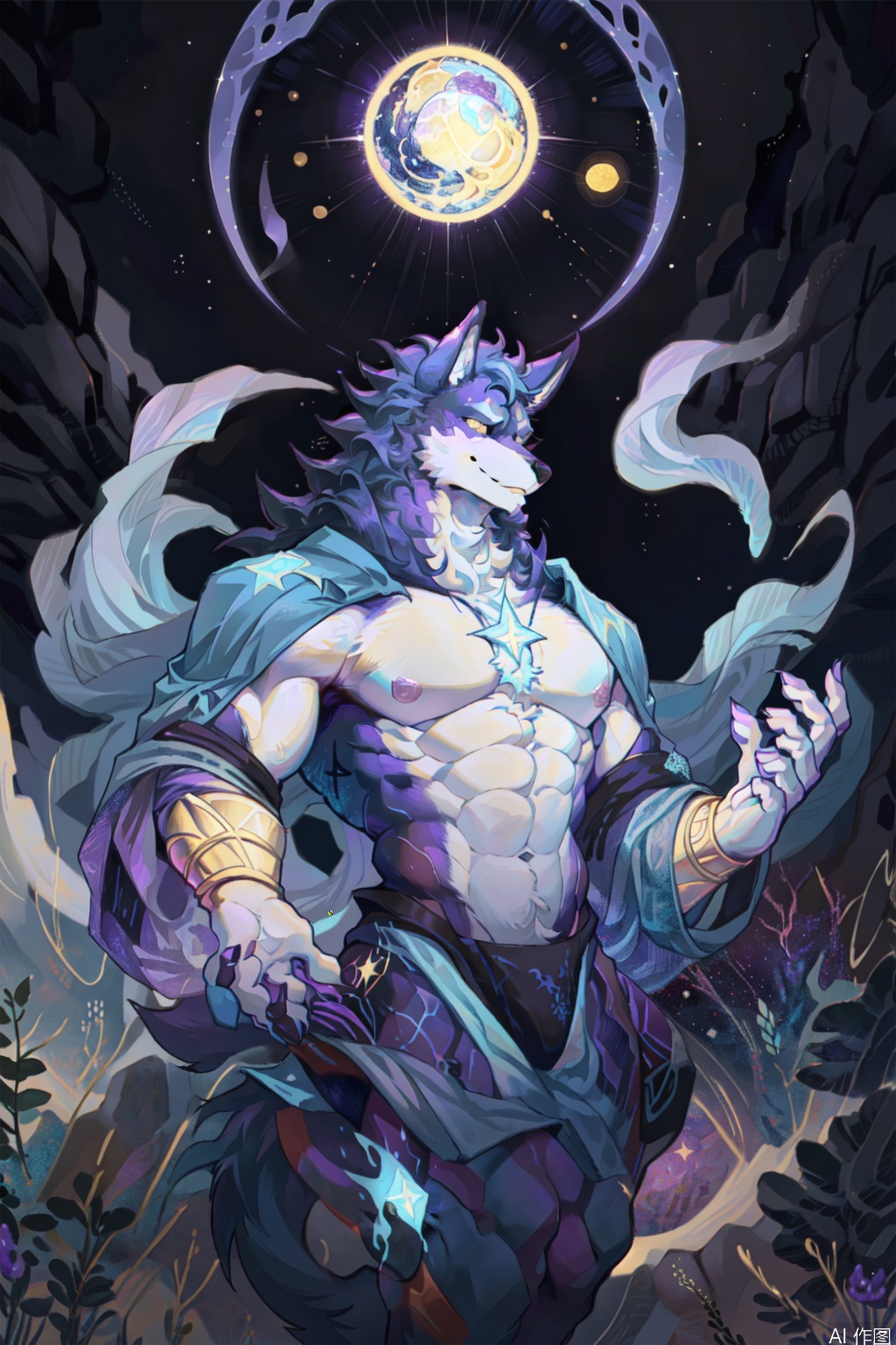 The image depicts a muscular wolf-like creature with a strong, confident expression. The wolf is adorned with glowing blue and yellow stars on its body, which are also visible on its arm. The background is a vibrant, cosmic scene with swirling patterns of blue, yellow, and purple, featuring stars, moons, and abstract shapes. The overall atmosphere is mystical and otherworldly, with a focus on the wolf's powerful and regal presence.art deco,artist:MuCha,art nouveau