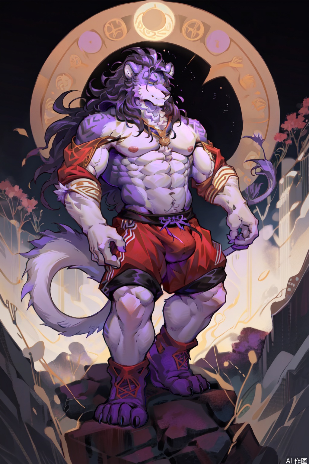 solo, long hair, 1boy, navel, animal ears, nipples, standing,lion tail, full body, male focus, shorts, stomach, muscular, abs, pectorals, muscular male, art deco,artist:MuCha,art nouveau,bare shoulders , pelvic curtain, furry, male focus, flowers,large pectorals, bulge, furry male, red shorts, bare pectorals, white and purple fur, lion ears, lion boy