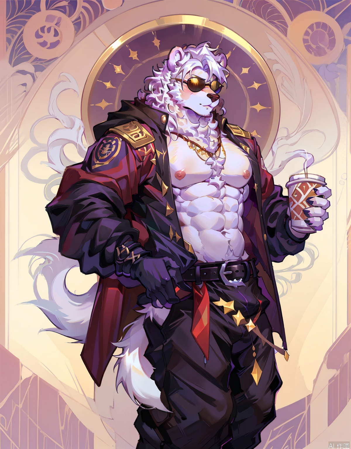 solo, short hair, 1boy, navel, holding,muscular bear, nipples, jacket,little bear tail,bear furry, white hair, male focus, open clothes, alternate costume, belt, pants, fingerless gloves, stomach, open jacket, cup, muscular, feet out of frame, art deco,artist:MuCha,art nouveau, sunglasses, pectorals, muscular male, holding cup, bara, furry, large pectorals, furry male, bear ears, disposable cup, bare pectorals, white fur, bear boy