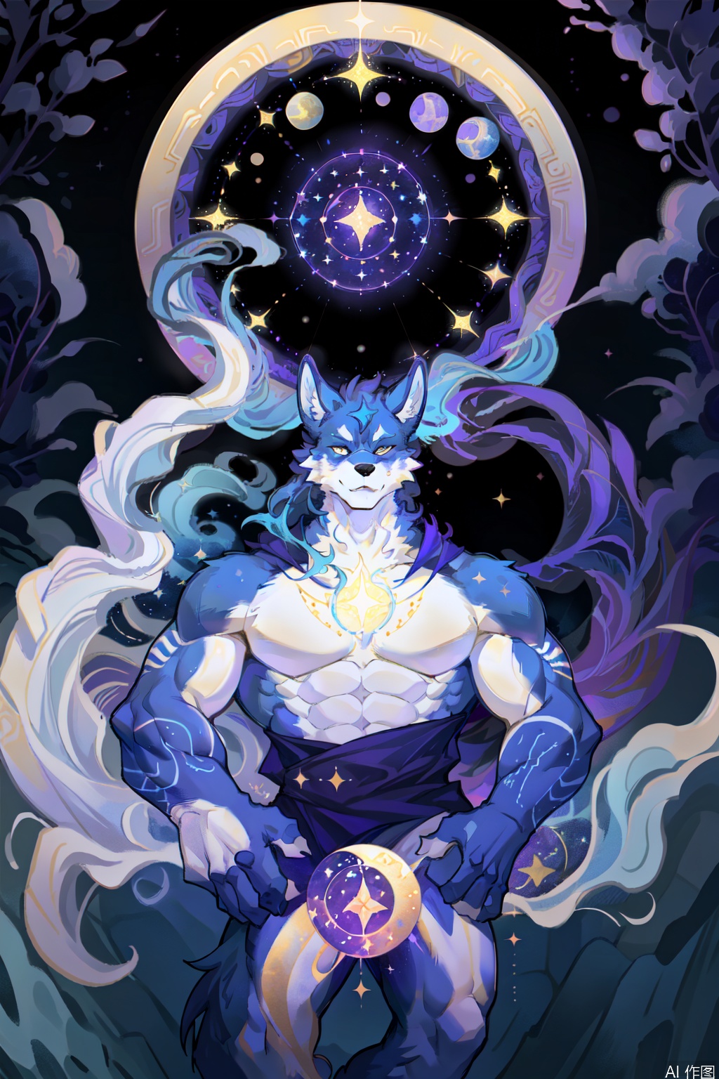 The image depicts a muscular wolf-like creature with a strong, confident expression. The wolf is adorned with glowing blue and yellow stars on its body, which are also visible on its arm. The background is a vibrant, cosmic scene with swirling patterns of blue, yellow, and purple, featuring stars, moons, and abstract shapes. The overall atmosphere is mystical and otherworldly, with a focus on the wolf's powerful and regal presence.art deco,artist:MuCha,art nouveau