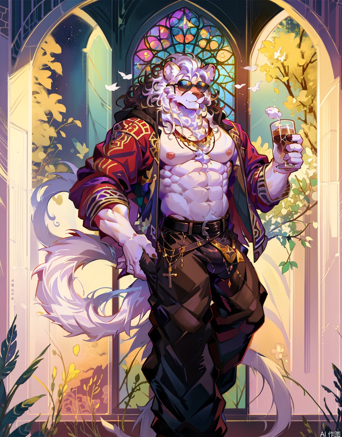 indoors, , window, floral print, plant, scenery, solo, short hair, 1boy, navel, holding,muscular bear, nipples, jacket,little lion tail,bear furry, white hair, male focus, church stained windows, stained window style, alternate costume, belt, pants, stomach, open jacket, cup, muscular, feet out of frame, art deco,artist:MuCha,art nouveau, sunglasses, pectorals, muscular male, holding cup, bara, furry, large pectorals, furry male, lion ears, bare pectorals, white fur, lion boy