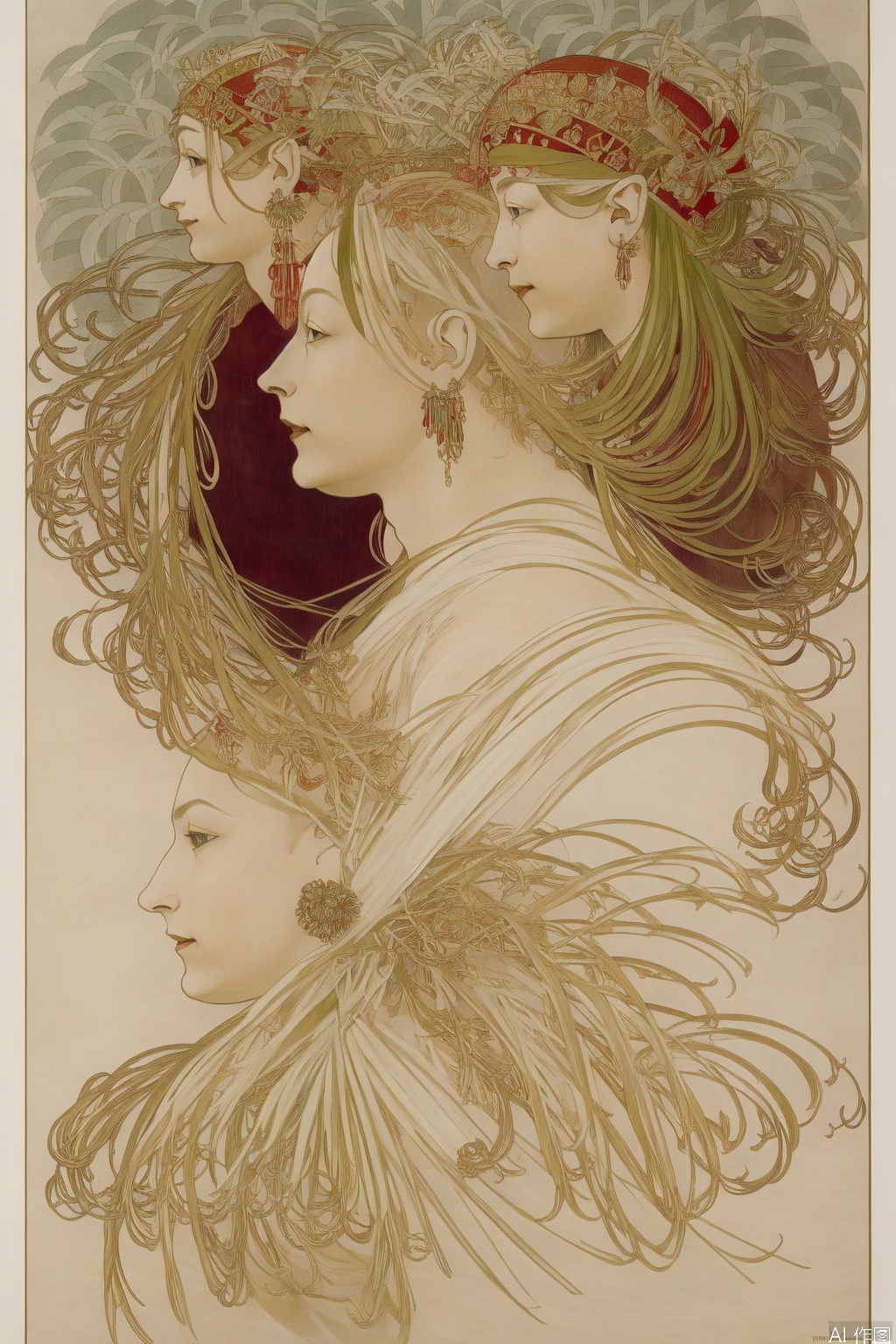 1girl, solo, long hair, blonde hair, hair ornament, jewelry, earrings, pointy ears, necklace, orange hair, profile, leaf, art nouveau, princess zelda,art deco,artist:MuCha