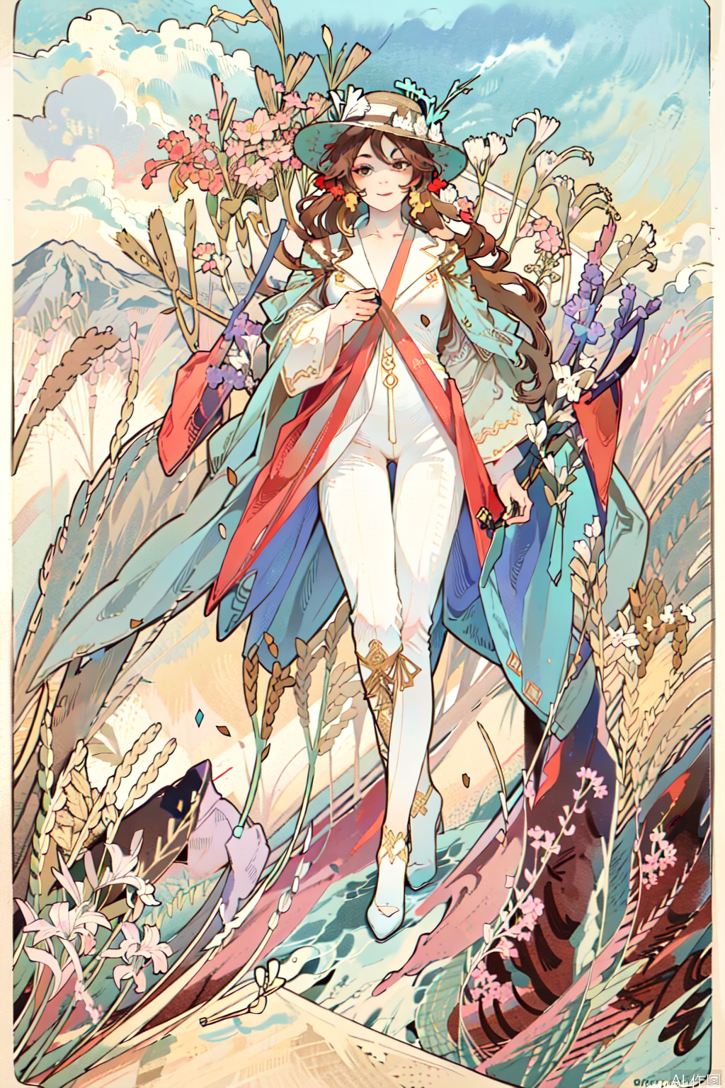 1girl, solo, long hair, smile, brown hair, hat, holding, brown eyes, standing, weapon, boots, outdoors, sky, day, pants, sword, grass, sheath, sheathed, mountain, white pants, straw hat,flowers,wheat,artist:MuCha,art deco