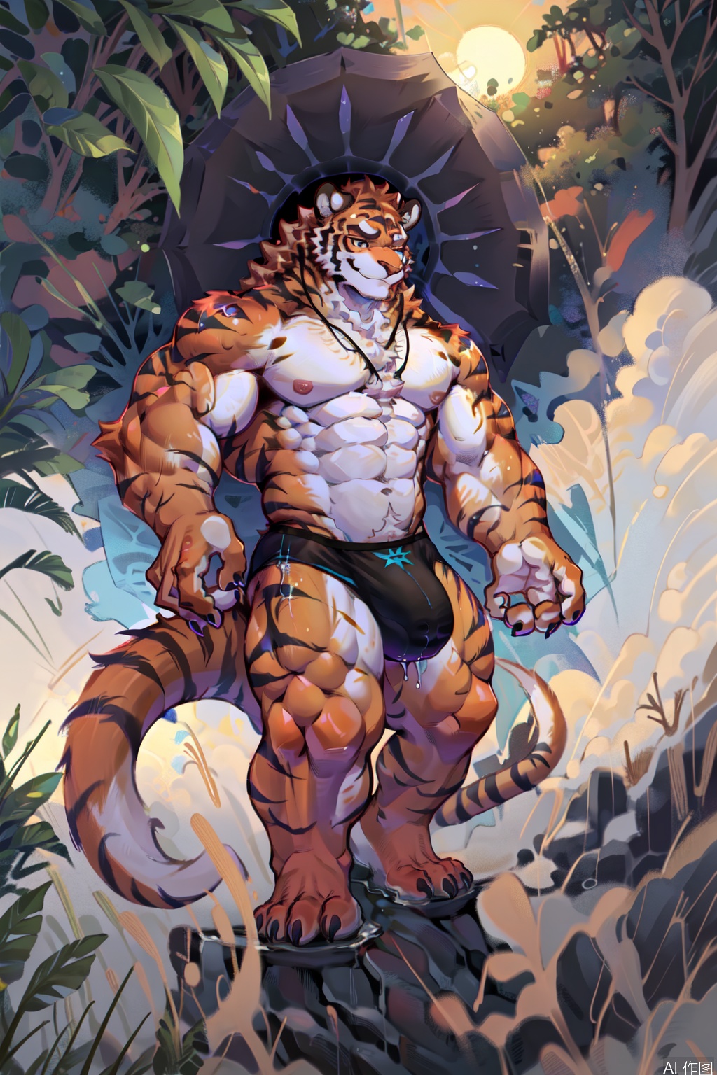 solo, looking at viewer, smile, short hair, 1boy, navel, animal ears, artist:MuCha, full body, male focus, thighs, water, stomach, muscular, umbrella, beach, thick thighs, abs, pectorals, muscular male, furry, large pectorals, bulge, topless male, sand, furry male, tiger ears, white fur, tiger tail, male swimwear, swim briefs, tiger boy, orange fur, tiger stripes