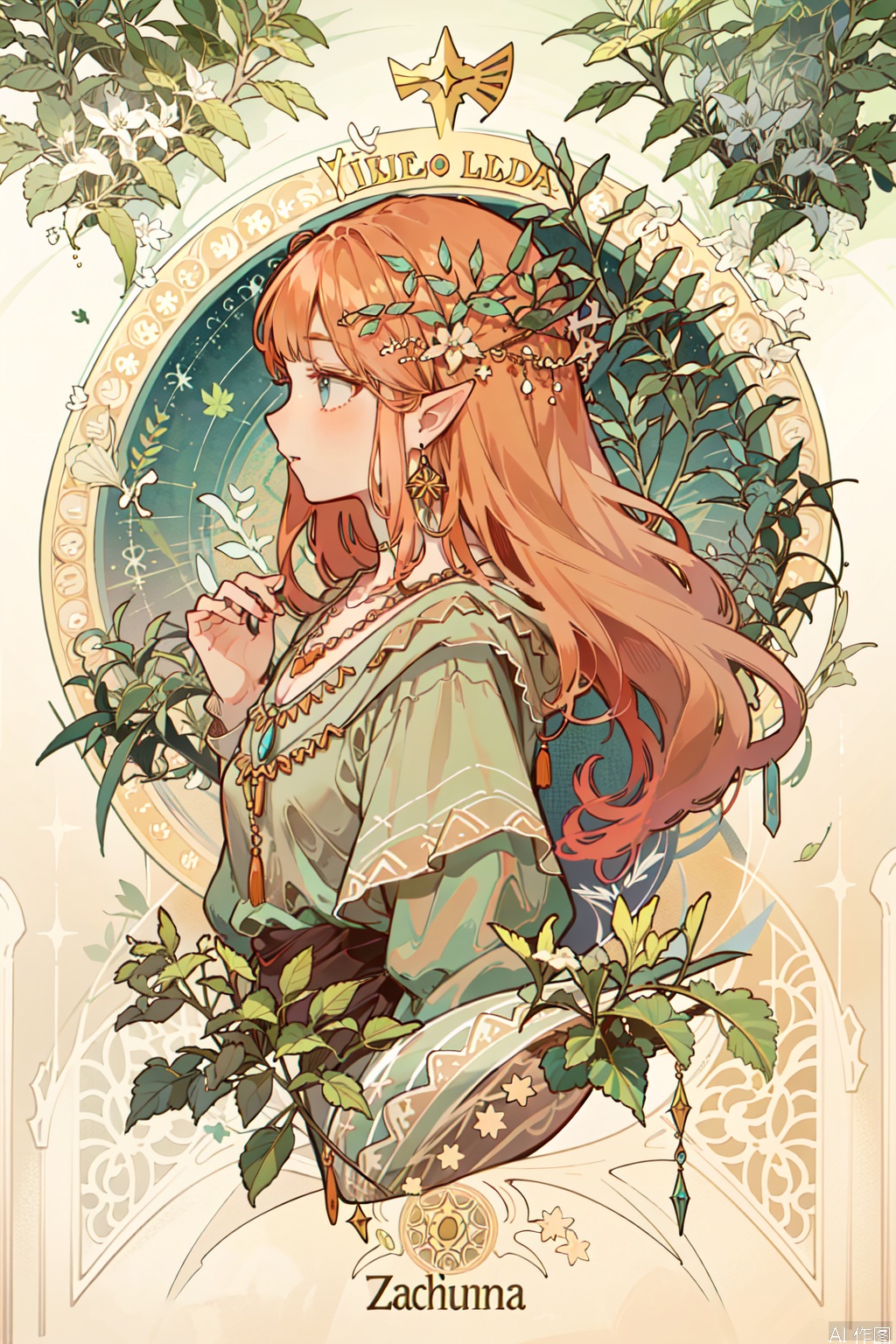 1girl, solo, long hair, blonde hair, hair ornament, jewelry, earrings, pointy ears, necklace, orange hair, profile, leaf, art nouveau, princess zelda,art deco,artist:MuCha