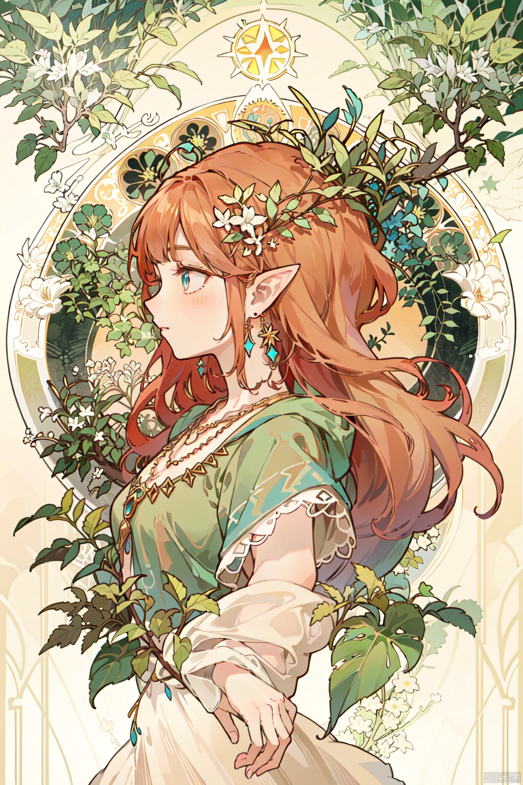1girl, solo, long hair, blonde hair, hair ornament, jewelry, earrings, pointy ears, necklace, orange hair, profile, leaf, art nouveau, princess zelda,art deco,artist:MuCha,art nouveau