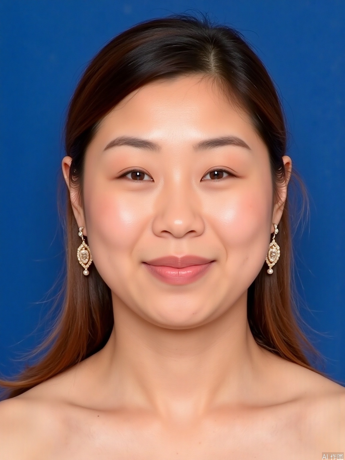 1women, solo, looking at viewer, smile,  brown hair,  brown eyes, jewelry, closed mouth, upper body, earrings, lips, blue background, nose