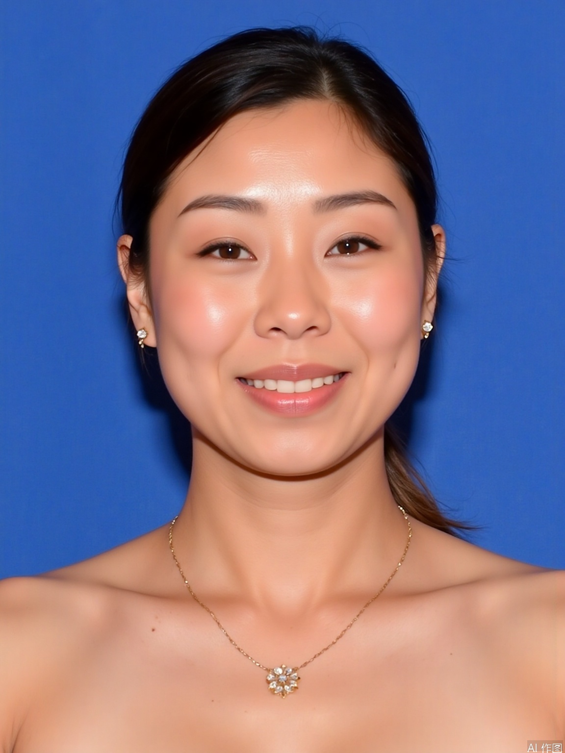 1women, solo, looking at viewer, smile,  brown hair,  brown eyes, jewelry, closed mouth, upper body, earrings, lips, blue background, nose