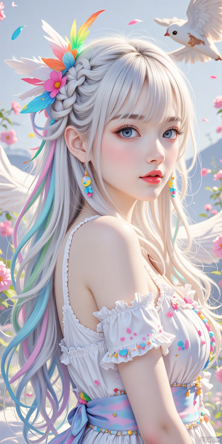 1girl, solo, long hair, bangs, blue eyes, bare shoulders, upper body, braid, white hair, multicolored hair, frills, parted lips, sleeveless, artist name, from side, eyelashes, gradient hair, profile, makeup, bird, animal, feathers, lipstick, red lips, rainbow hair