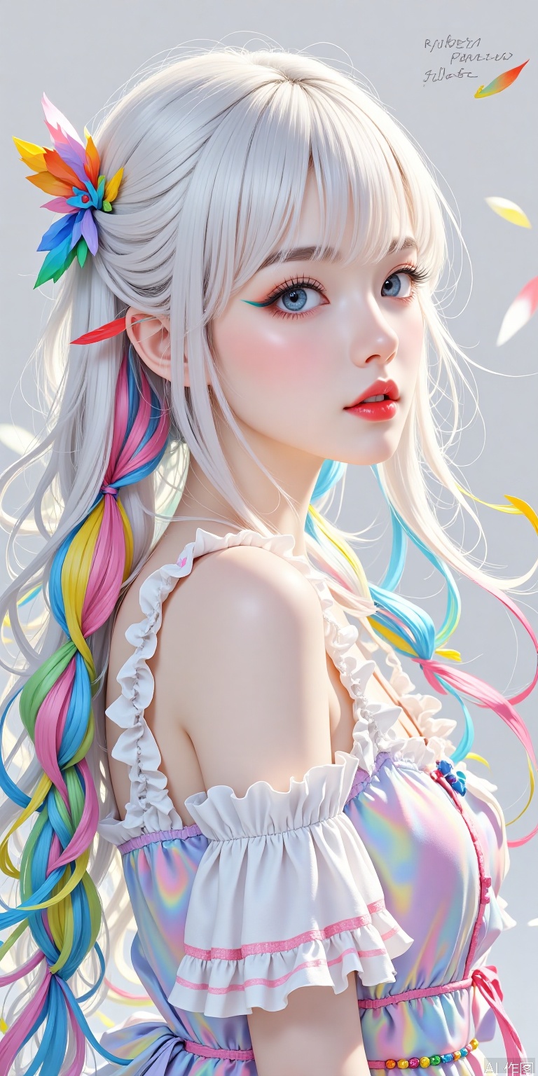 1girl, solo, long hair, bangs, blue eyes, bare shoulders, upper body, braid, white hair, multicolored hair, frills, parted lips, sleeveless, artist name, from side, eyelashes, gradient hair, profile, makeup, bird, animal, feathers, lipstick, red lips, rainbow hair