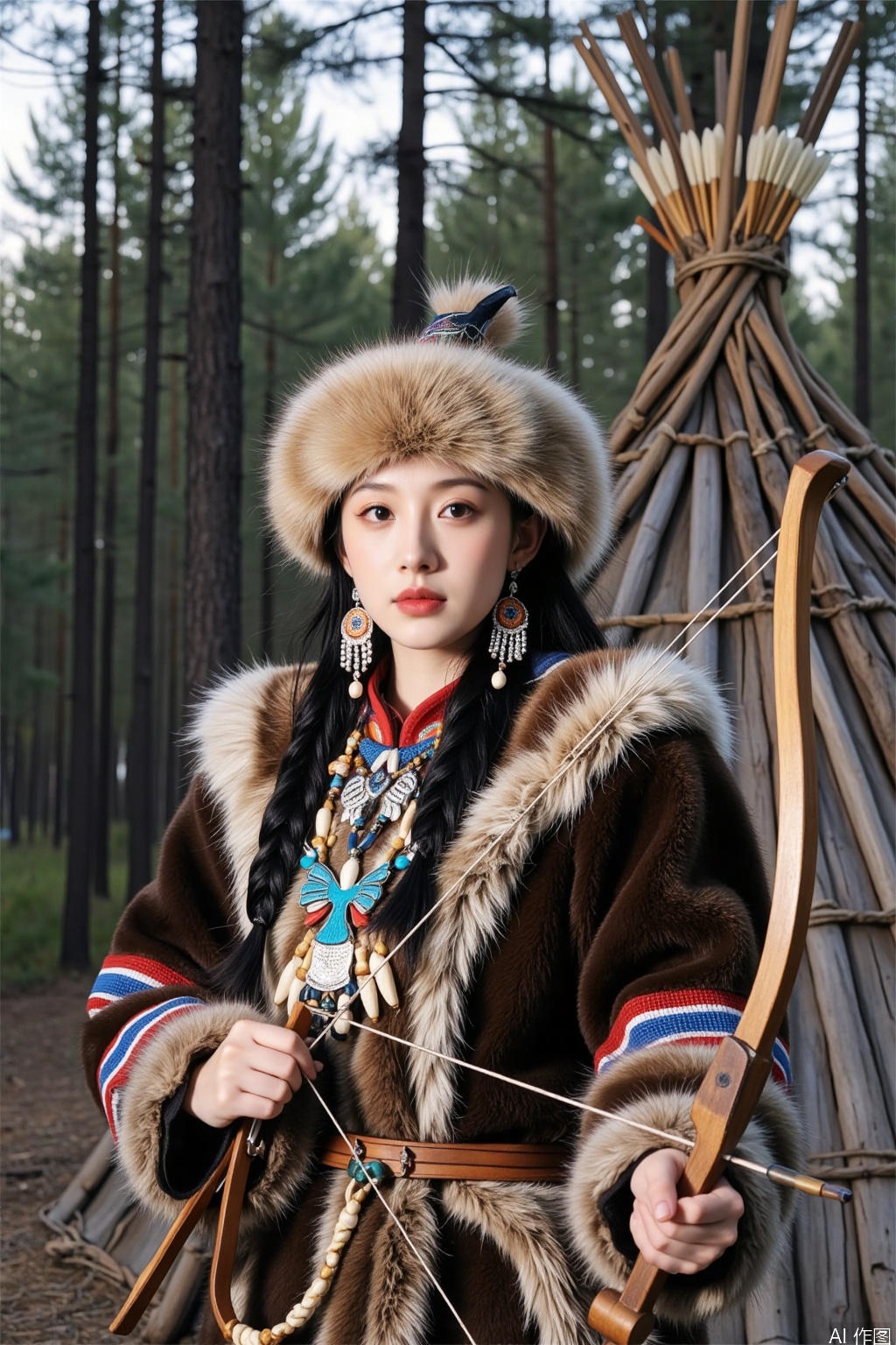Real photo, Oroqenzu. This image showcases a half - body shot of an individual in traditional Oroqen attire, positioned in front of a teepee. They're dressed in a fur - trimmed garment, where the detailed beadwork is prominently displayed. A large, ornate necklace with a bird - shaped central pendant graces their chest. Elaborate earrings and a fur - lined hat complete the look.

The person holds the wooden bow horizontally across their chest, with a hand casually gripping the string. Their gaze is fixed forward, exuding a sense of focus. The quiver of arrows is slung over their shoulder, partially visible. Behind them, the forest of tall pine trees provides a natural and rustic backdrop, enhancing the overall Oroqen - inspired aesthetic. 