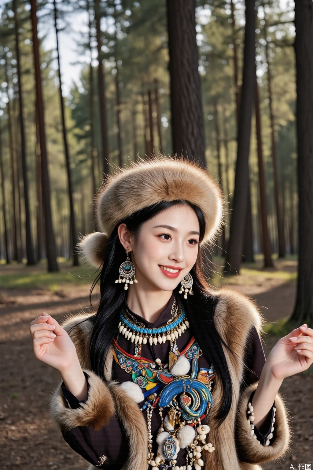 Ultra photoreal, Insane Details, 32K, Realistic,face002,complete hand
Real photo, Oroqenzu. This half - body shot focuses on an individual in traditional Oroqen attire. Dressed in a fur - trimmed, beadwork - rich garment, they sport a large, ornate bird - shaped pendant necklace, along with elaborate earrings and a fur - lined hat.

The person has both hands playfully placed behind their back. Their head is tilted to the side, a wide, mischievous smile gracing their lips. Sparkling eyes hint at a hidden jest. The tall pine trees of the forest in the background create a natural, earthy backdrop, enhancing the charm of this light - hearted Oroqen - themed portrait. 