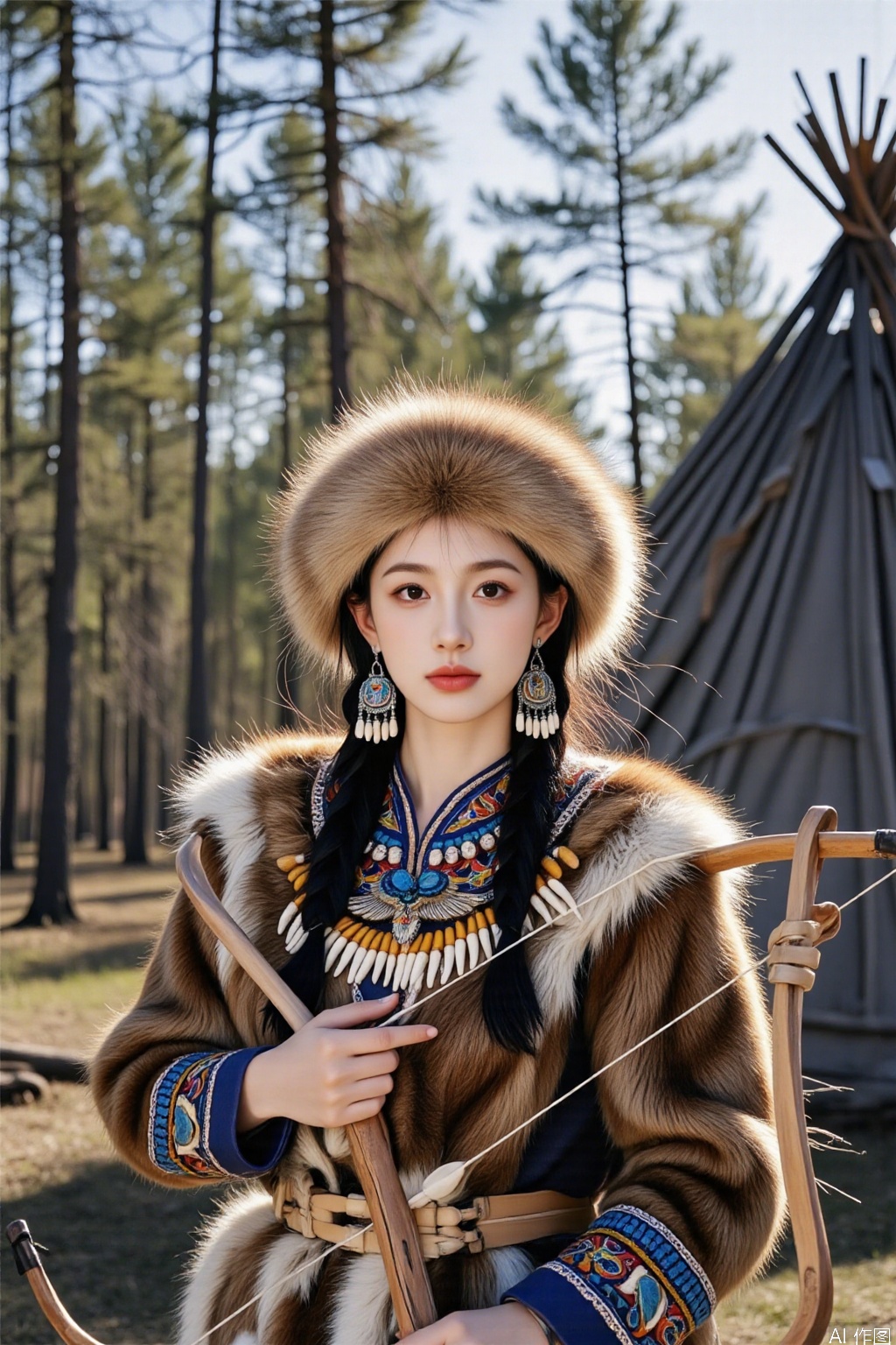 Real photo, Oroqenzu. This image showcases a half - body shot of an individual in traditional Oroqen attire, positioned in front of a teepee. They're dressed in a fur - trimmed garment, where the detailed beadwork is prominently displayed. A large, ornate necklace with a bird - shaped central pendant graces their chest. Elaborate earrings and a fur - lined hat complete the look.

The person holds the wooden bow horizontally across their chest, with a hand casually gripping the string. Their gaze is fixed forward, exuding a sense of focus. The quiver of arrows is slung over their shoulder, partially visible. Behind them, the forest of tall pine trees provides a natural and rustic backdrop, enhancing the overall Oroqen - inspired aesthetic.,face002,complete hand
