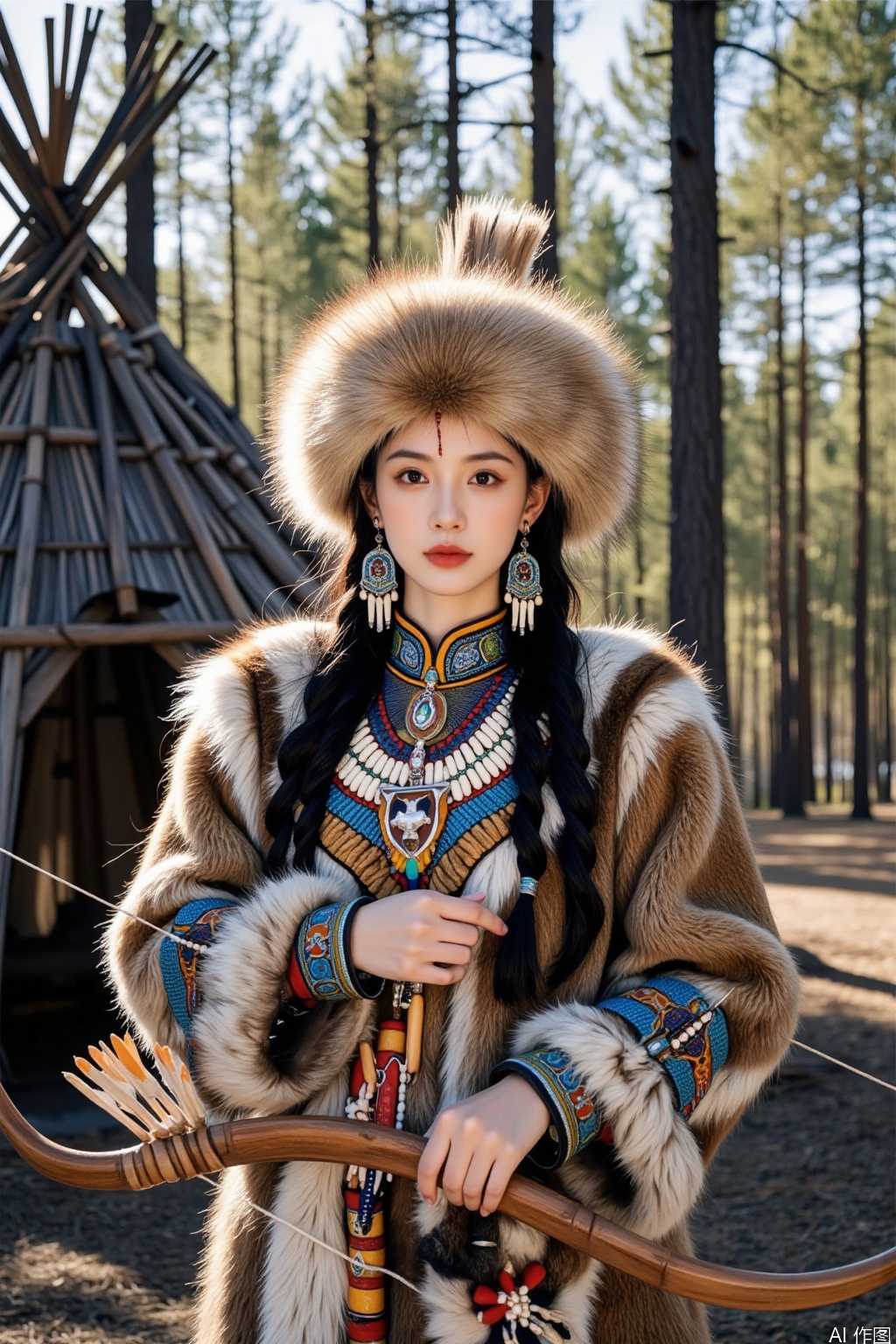 real photo,
Oroqenzu,
The image depicts a person dressed in traditional Native American attire, standing in front of a teepee structure. The individual is wearing a fur-trimmed garment with intricate beadwork and a large, ornate necklace featuring a central pendant shaped like a bird. They are holding a bow made of wood and adorned with a quiver of arrows. The person also wears elaborate earrings and a fur-lined hat. The background consists of a forest with tall pine trees, suggesting a natural, outdoor setting.