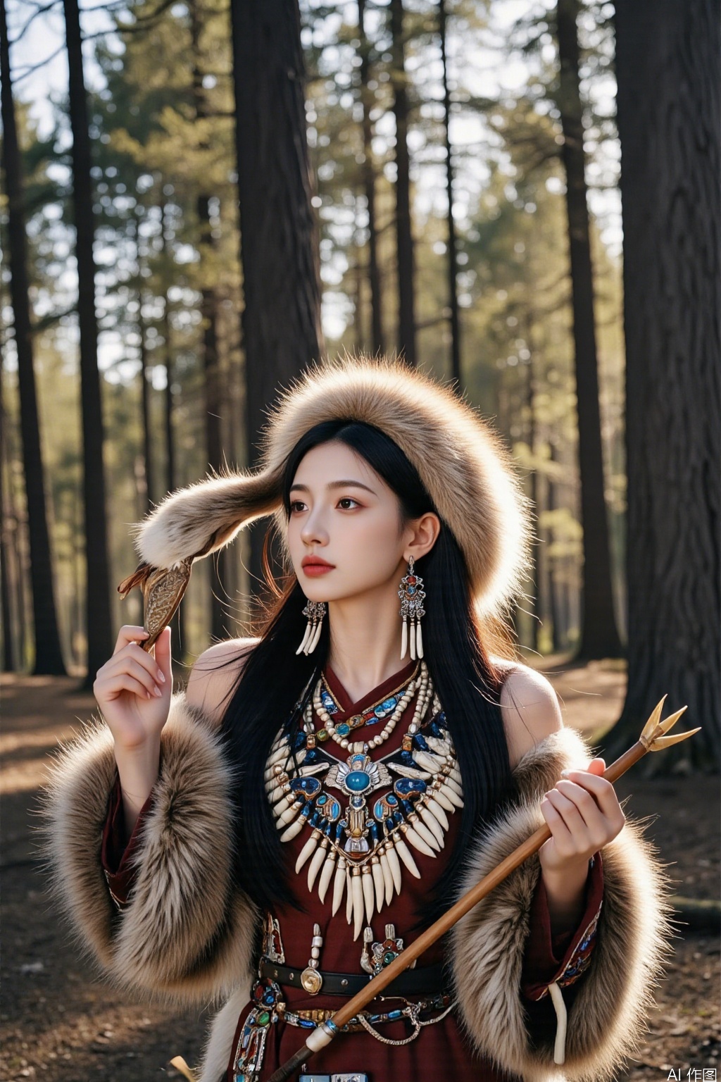 Ultra photoreal, Insane Details, 32K, Realistic,face002,complete hand
Real photo, Oroqenzu. In this captivating half - body shot, an individual in traditional Oroqen finery commands attention. Clad in a fur - trimmed garment adorned with intricate beadwork, a large, ornate bird - pendant necklace accents their look, complemented by elaborate earrings and a fur - lined hat.

The person is in a dynamic pose, tilting their head slightly to one side. Their right hand, holding a beautifully carved wooden arrow, is raised, as if examining it closely. Their eyes, full of concentration, are fixed on the arrow's tip. The forest of tall pine trees in the background, with dappled sunlight filtering through, adds a touch of wilderness and enriches the traditional Oroqen setting. 