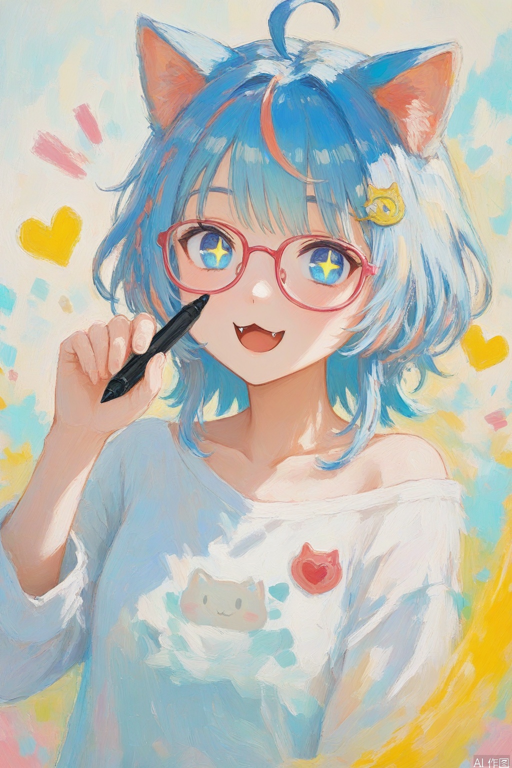 youhua \(wutong\),colorful,1girl, solo, looking at viewer, smile, open mouth, bangs, blue eyes, shirt, hair ornament, long sleeves, holding, animal ears, blue hair, collarbone, white shirt, upper body, ahoge, heart, multicolored hair, glasses, virtual youtuber, cat ears, off shoulder, :3, fangs, + +, stylus, holding stylus