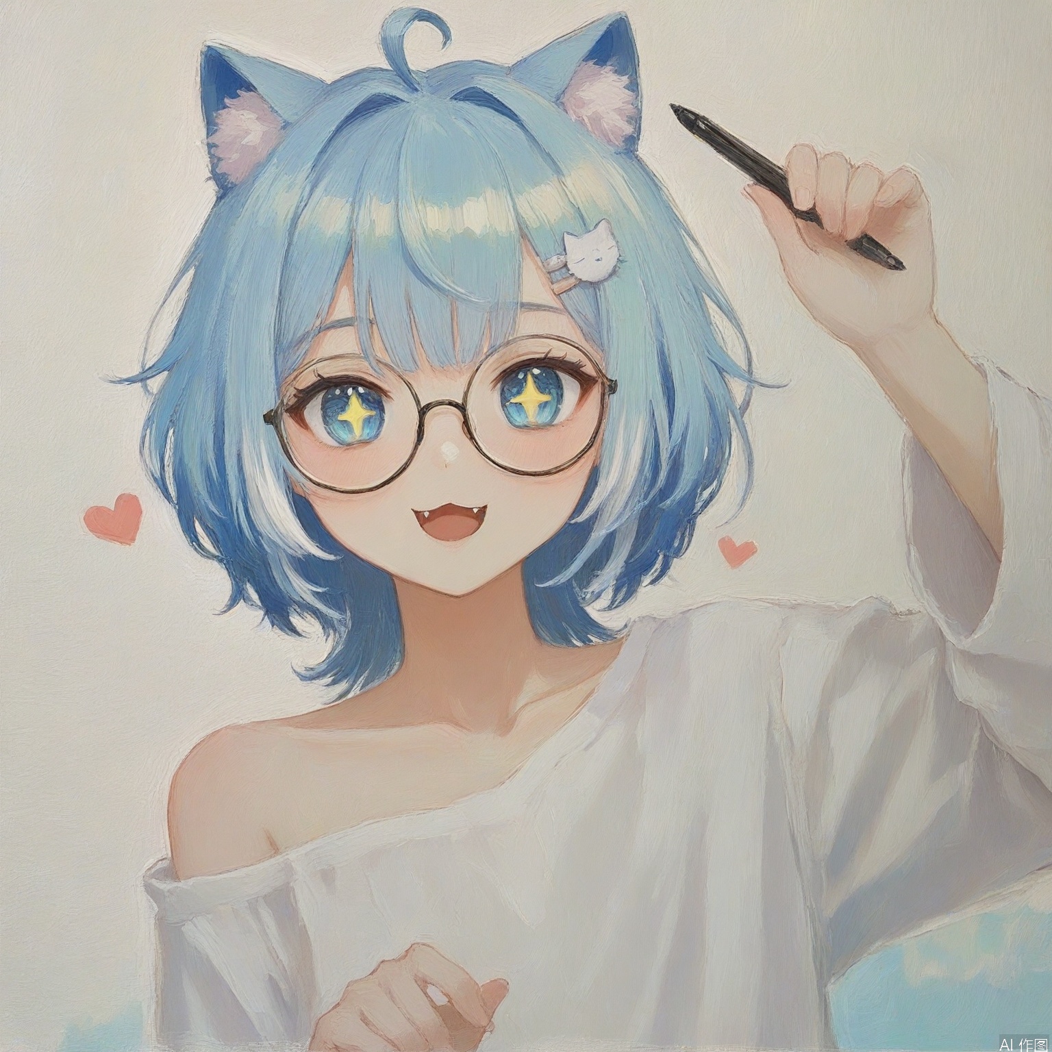 youhua \(wutong\),1girl, solo, looking at viewer, smile, open mouth, bangs, blue eyes, shirt, hair ornament, long sleeves, holding, animal ears, blue hair, collarbone, white shirt, upper body, ahoge, heart, multicolored hair, glasses, virtual youtuber, cat ears, off shoulder, :3, fangs, + +, stylus, holding stylus