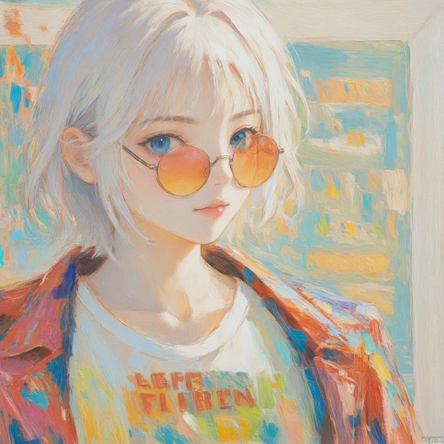 youhua \(wutong\),colorful,1girl, solo, looking at viewer, short hair, bangs, blue eyes, shirt, jacket, white shirt, upper body, white hair, glasses, english text, sunglasses, round eyewear, print shirt, tinted eyewear, orange-tinted eyewear