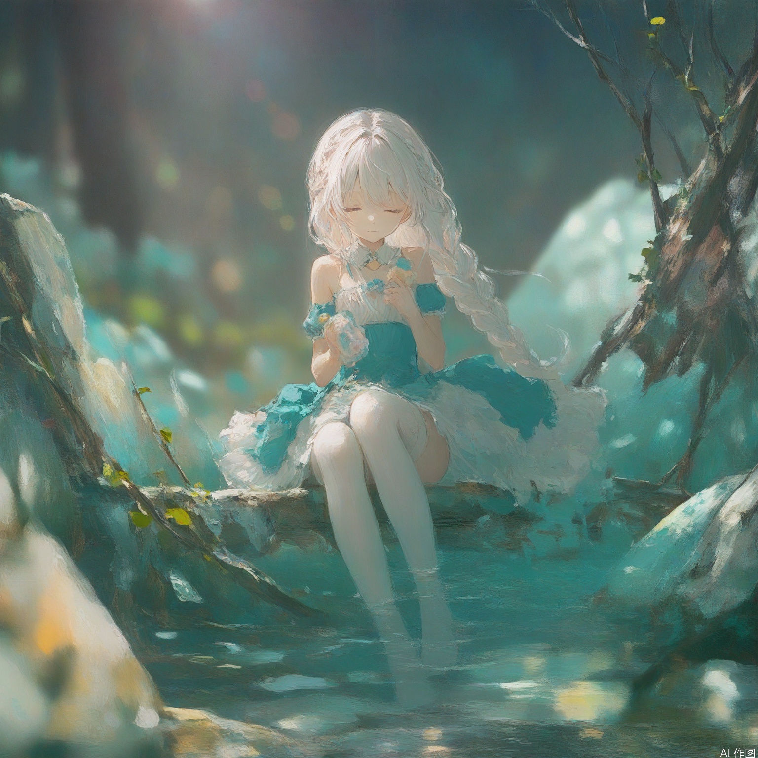 youhua \(wutong\),colorful,masterpiece,best quality,high quality,loli,loli,loli,overexposure,chromatic_aberration,light,fair_skin,(detailed light),Blurred picture,lens flare, //, (colorful),loli,late at night,dark,dark,(detailed light),dark,an acacia,cassie,sponge-tree,vines,forest,ruins,Blurred picture,lens flare,hdr,1girl,broken glass,broken wall,aqua theme,white hair,blinking,white dress,closed mouth,constel lation,flat color,noline art,white hair,braid,blinking,maid,detached collar,bare shoulders,thighhighs, //, /,(chen bin:0.5),konya666,(hiten \(hitenkei\):0.4),(rimuu:0.5),(mignon:0.5),(sheya:0.6), //, //, official art,depth of field,detailed light,blurry background,best shadow,shiny skin,cinematic lighting,ray tracing,ultra-detailed textures,ultra-detailed body,ultra-detailed face,amazing quality,very aesthetic,absurdres,beast quality,ultra detailed,newest,8K,HDR,,