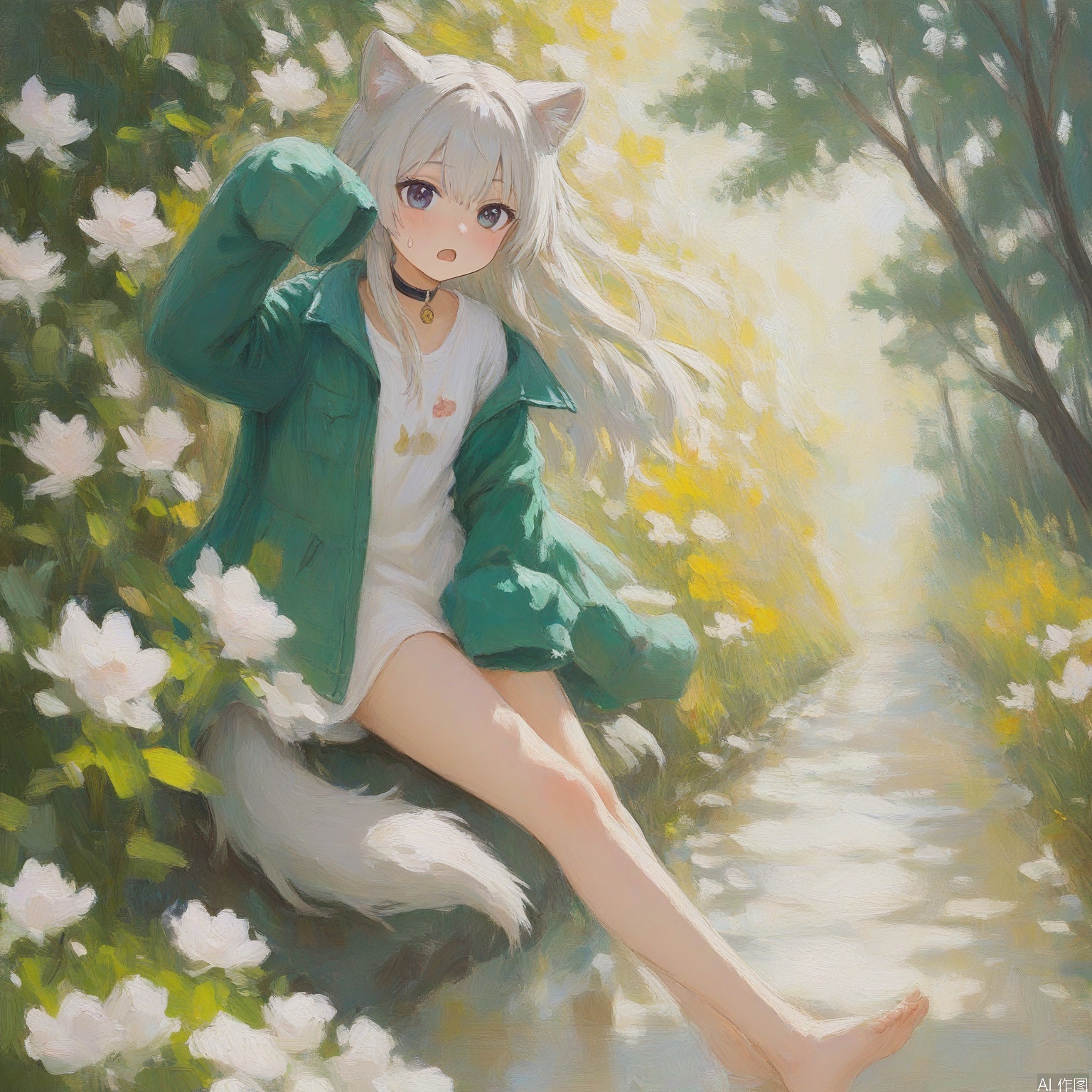 youhua \(wutong\),colorful,,1girl,solo,long hair,,looking_at_viewer,paw pose,open mouth,white shirt,green jacket,open jacket,blue jabot,flower,tail,sleeves past fingers,sweatdrop,bare legs,choker ,masterpiece, best quality, absurdres, newest, very aesthetic, amazing quality,highres,sensitive, highres, ultra detailed, best anatomy, HDR, 8K, high detail RAW color art, high contrast, large pupil,