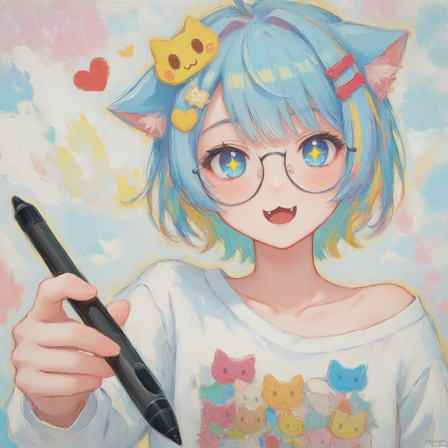 youhua \(wutong\),colorful,1girl, solo, looking at viewer, smile, open mouth, bangs, blue eyes, shirt, hair ornament, long sleeves, holding, animal ears, blue hair, collarbone, white shirt, upper body, ahoge, heart, multicolored hair, glasses, virtual youtuber, cat ears, off shoulder, :3, fangs, + +, stylus, holding stylus