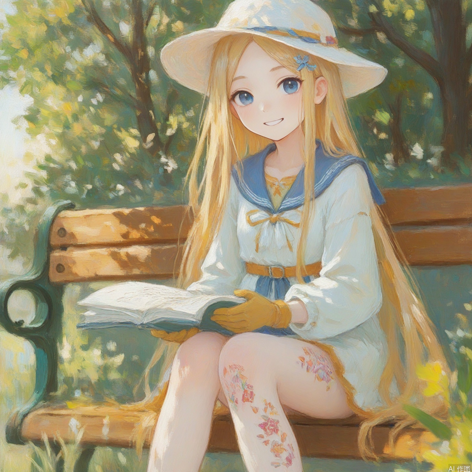 youhua \(wutong\),(colorful:1.3),good work, (best quality), illustration, depth of field, (color),masterpiece,best quality,petite,cute,1girl,(((16 years old)))long hair,bangs,blonde hair ,hair ornament,gloves,long sleeves,verylong hair,blue eyes,barely legs,waist,leg Tattoos,phoebe, smiling, girl blushed, girl likes you, sits, reads, is happy,white wide-brimmed hat,((she study)((writing homework)((sitting on bench)((desk)