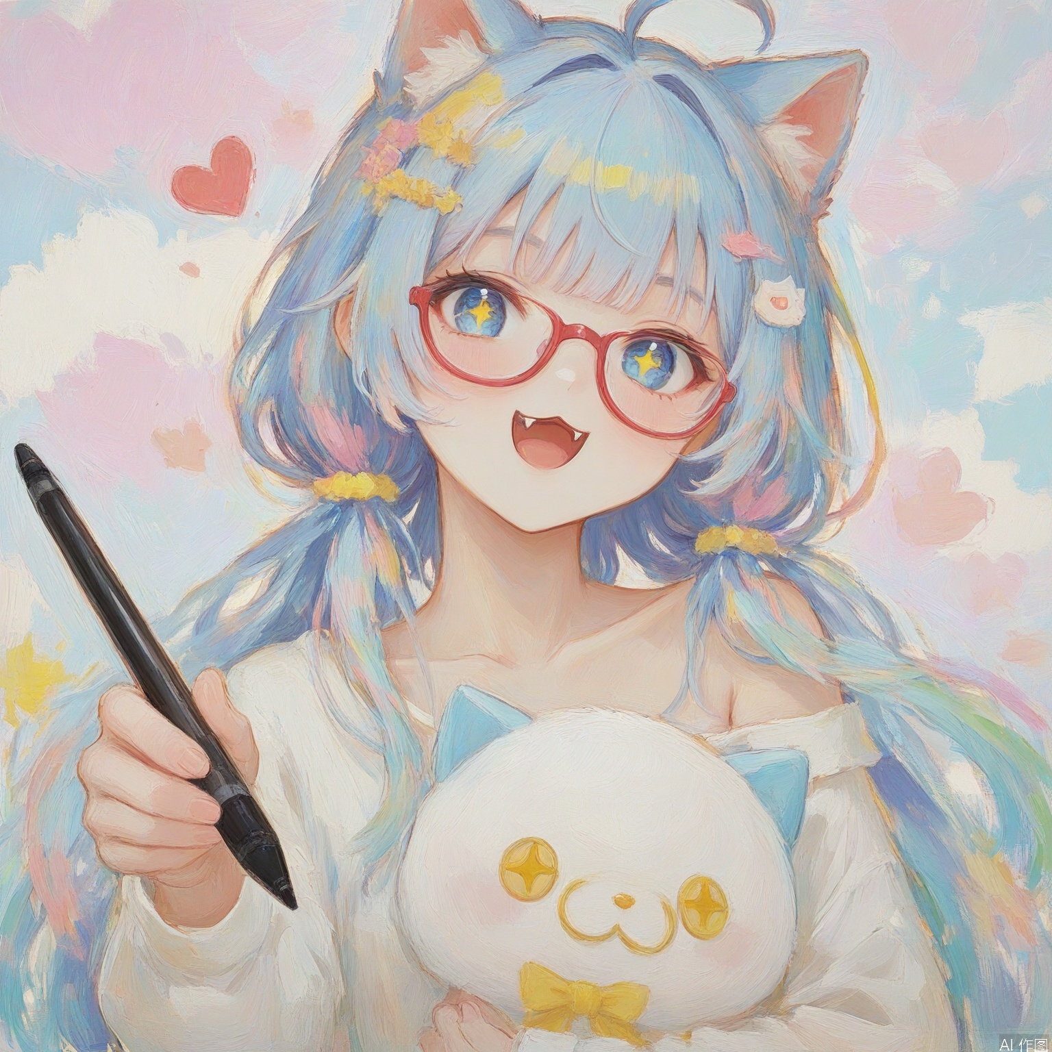 youhua \(wutong\),colorful,1girl, solo, looking at viewer, smile, open mouth, bangs, blue eyes, shirt, hair ornament, long sleeves, holding, animal ears, blue hair, collarbone, white shirt, upper body, ahoge, heart, multicolored hair, glasses, virtual youtuber, cat ears, off shoulder, :3, fangs, + +, stylus, holding stylus