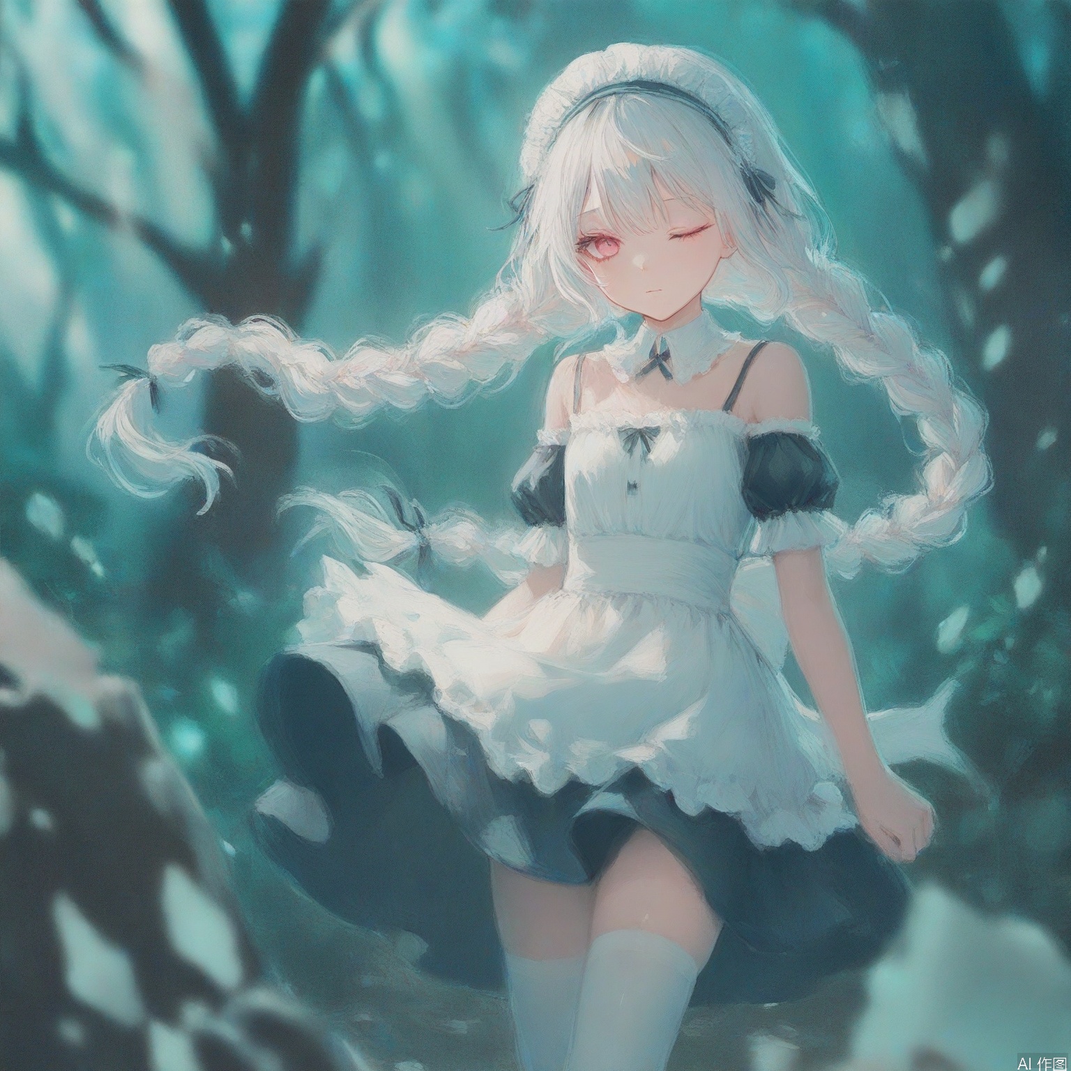youhua \(wutong\),colorful,masterpiece,best quality,high quality,loli,loli,loli,overexposure,chromatic_aberration,light,fair_skin,(detailed light),Blurred picture,lens flare, //, (colorful),loli,late at night,dark,dark,(detailed light),dark,an acacia,cassie,sponge-tree,vines,forest,ruins,Blurred picture,lens flare,hdr,1girl,broken glass,broken wall,aqua theme,white hair,blinking,white dress,closed mouth,constel lation,flat color,noline art,white hair,braid,blinking,maid,detached collar,bare shoulders,thighhighs, //, /,(chen bin:0.5),konya666,(hiten \(hitenkei\):0.4),(rimuu:0.5),(mignon:0.5),(sheya:0.6), //, //, official art,depth of field,detailed light,blurry background,best shadow,shiny skin,cinematic lighting,ray tracing,ultra-detailed textures,ultra-detailed body,ultra-detailed face,amazing quality,very aesthetic,absurdres,beast quality,ultra detailed,newest,8K,HDR,,