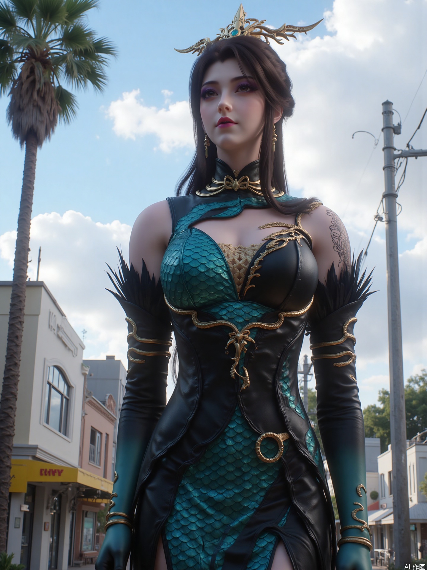 "This image depicts a character wearing a well-crafted fantasy-style costume. The character wears a close-fitting dark dress with intricate gold and turquoise patterns that resemble scales. The dress has a turtle neck and is decorated with ornate spiky shoulder details. The character also wears a headdress that looks like a crown or headdress with an outwardly extended dot in the center, similar to a wing or crown. Pose
Her body was slightly tilted, with one hand on her legs and the other hand behind her, her head facing the camera, her eyes were bright and confident, showing a relaxed, comfortable and energetic temperament.
Light and shadow
The light is bright and warm, and is a typical outdoor sunshine that evenly spreads on the characters, highlighting facial details, hair luster and the texture of the clothes, creating a fresh and bright atmosphere.
Art style
It is a realistic style, and the facial features of the characters, the texture of the hair, the folds of the clothes are delicately portrayed. The texture is excellent, the color matching is coordinated, and the picture is real and vivid, as if it is a scene taken on the street in summer.
background
There are tall palm trees in the background, and buildings with yellow signs, set off by blue sky and white clouds. The overall environment is full of tropical or seaside characteristics, creating a relaxed and pleasant atmosphere, complementing the characters' outfits. "