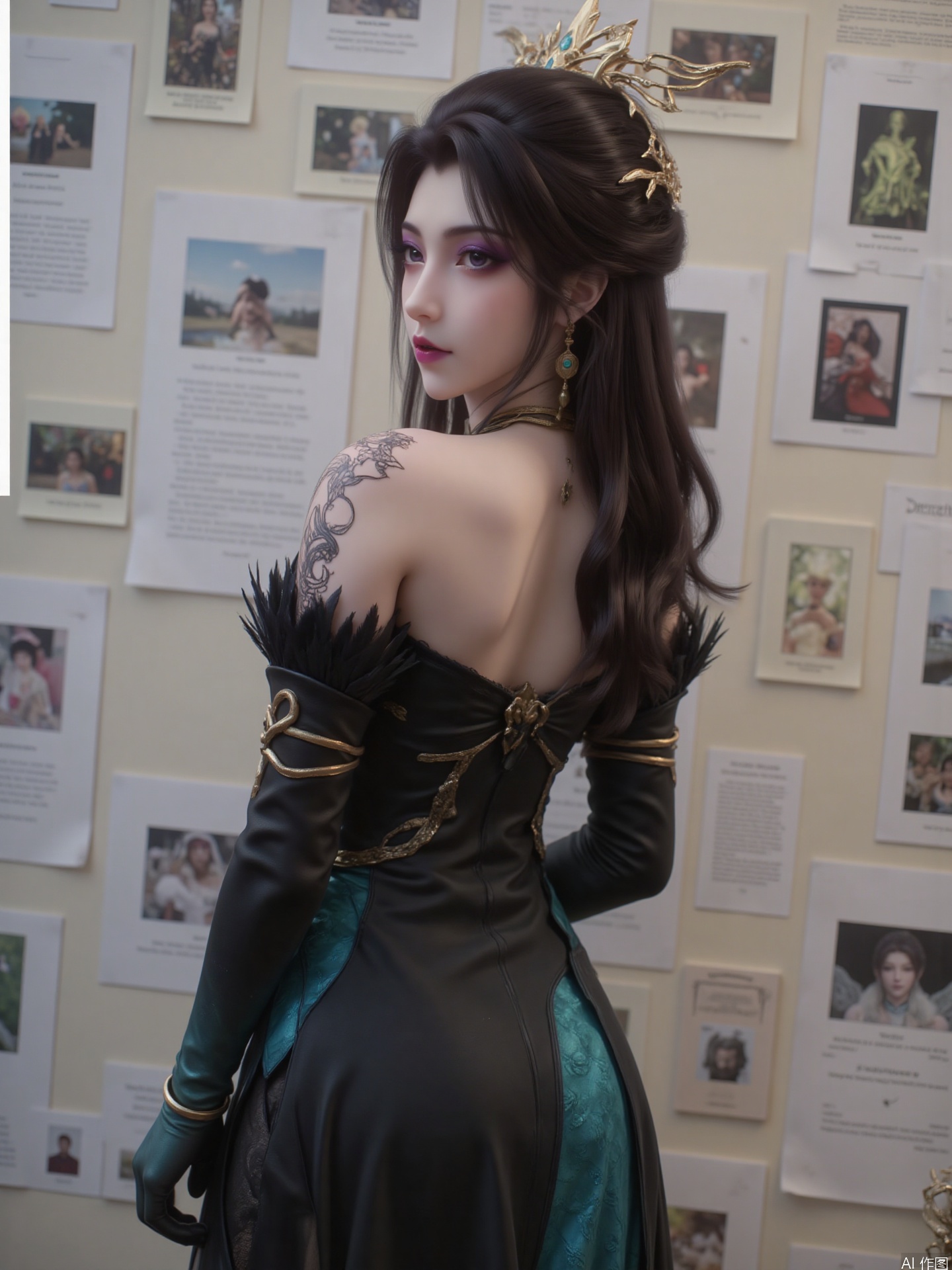 "The picture shows a woman with long black hair, with purple eyeshadow and purple red lips, delicate makeup, three-dimensional facial features, with golden headdress and earrings.

She was wearing a gorgeous long dress. The long skirt is black and cyan with delicate gold accessories on it, his chest is big and has a black tattoo on her shoulders.

Her back against the wall, her body leaned back slightly, her legs slightly apart, her posture relaxed and natural, showing a casual and free temperament.

It is a realistic style, and the facial details, hair, clothing textures, etc. of the characters are delicately portrayed. The texture is excellent, the color combination is fresh and natural, and the picture is real and full of lifestyle.
background
The background is a wall covered with various photos and papers. The colors of the photos and paper are soft and the content is diverse, which adds to the literary and storyline of the picture."