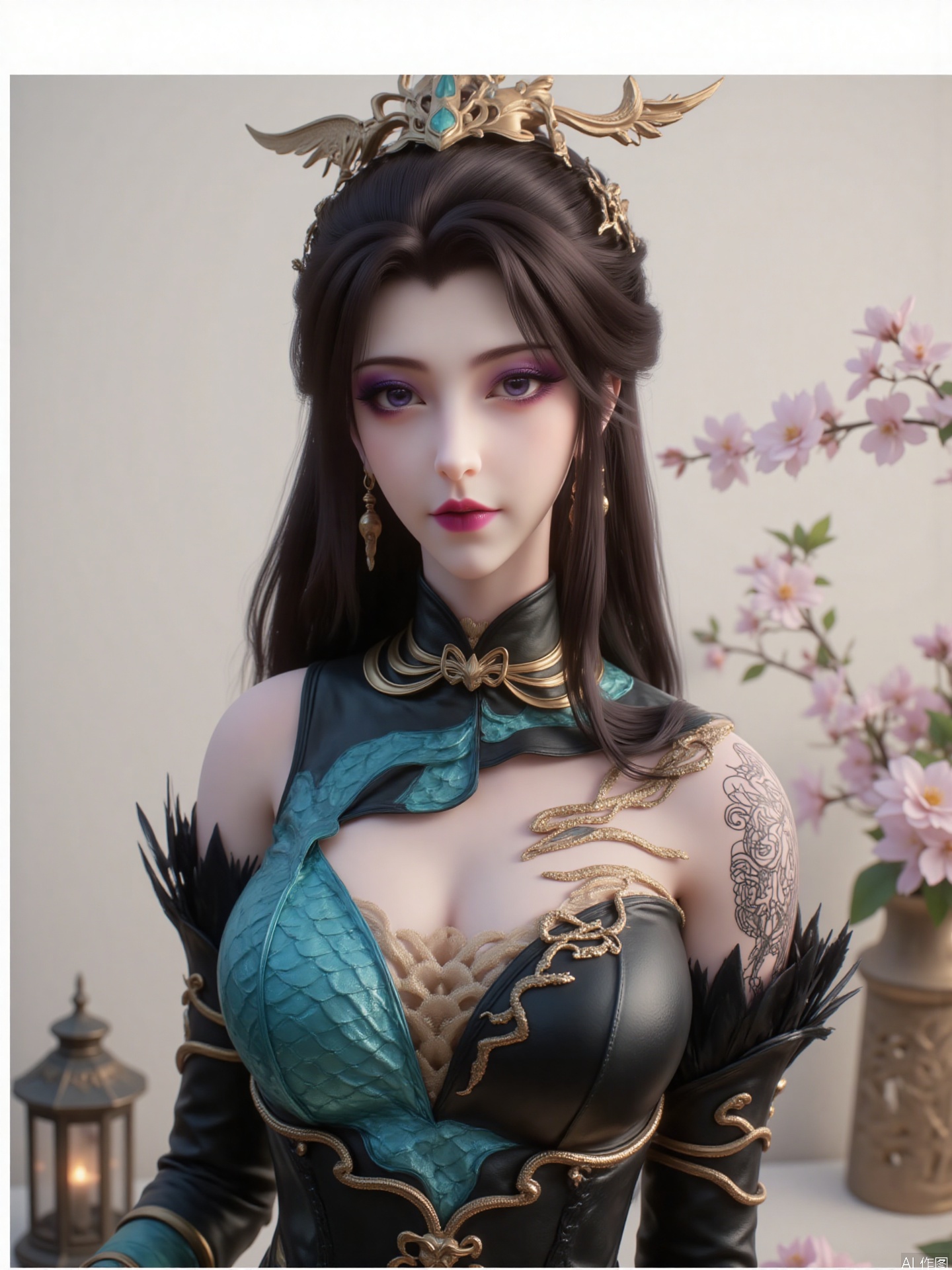The picture shows a woman with long black hair, with purple eyeshadow and purple red lips, delicate makeup, three-dimensional facial features, and a golden headdress and earrings.
She was wearing a gorgeous long dress. The long skirt is black and cyan with delicate gold accessories on it, his chest is big and has a black tattoo on her shoulders.
It is a realistic style, and the facial details, hair, clothing textures, etc. of the characters are delicately portrayed. The texture is excellent, the color combination is fresh and natural, and the picture is real and full of lifestyle.
There are flower branches and ancient lanterns beside you, with a light background, creating a gentle and soft classical atmosphere as a whole.