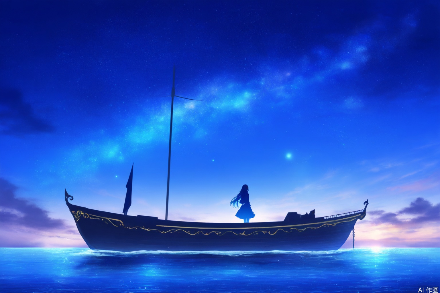 igital illustration

light corpuscle

1girl

solo

long hair

outdoors

water

night

star \(sky\)

scenery

blue theme

fantasy

silhouette

watercraft

boat