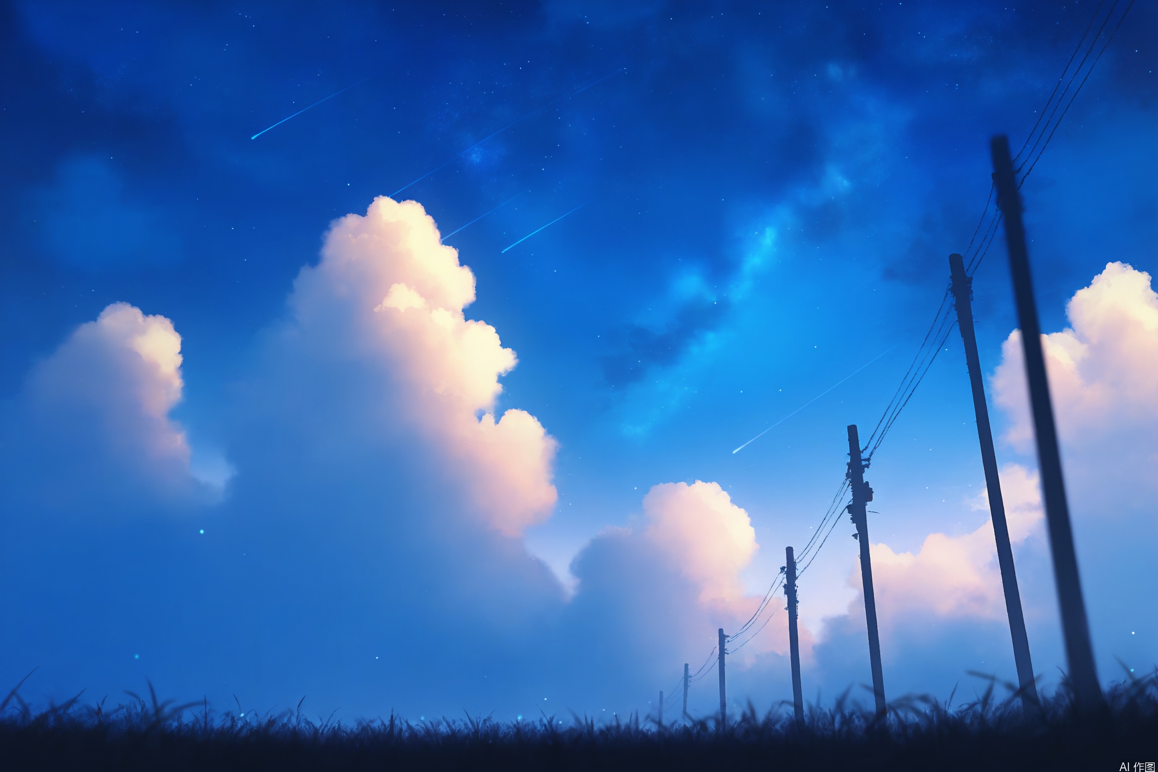 outdoors

sky

cloud

blurry

blue sky

no humans

night

depth of field

grass

star \(sky\)

night sky

scenery

starry sky

reflection

power lines

utility pole

,digital illustration,light corpuscle