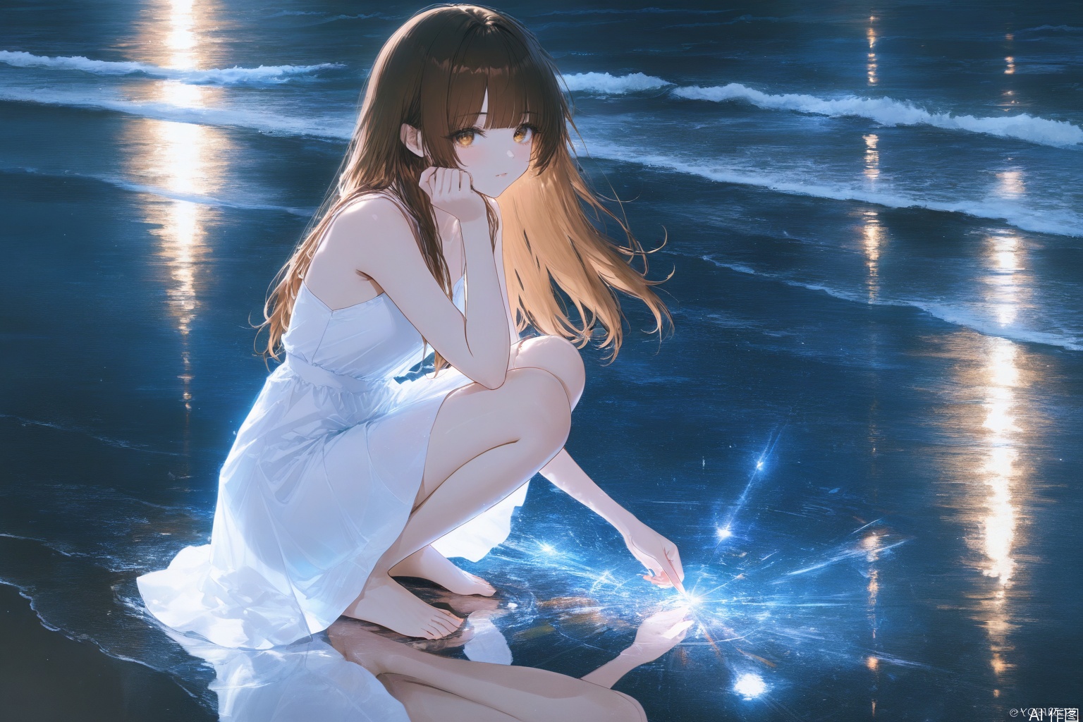 1girl

solo

long hair

looking at viewer

bangs

brown hair

dress

bare shoulders

barefoot

sleeveless

artist name

water

white dress

bare arms

night

sleeveless dress

watermark

squatting

reflection

waves,digital illustration,light corpuscle