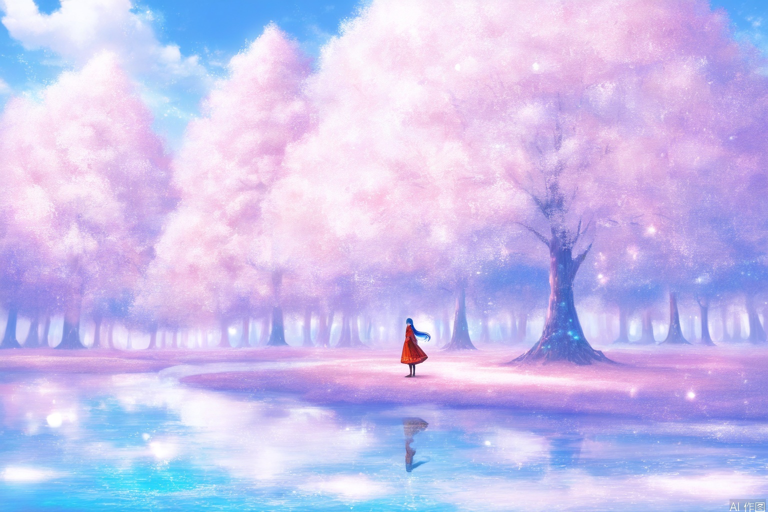 1girl

solo

long hair

dress

standing

outdoors

water

tree

scenery

fantasy

colorful

very wide shot

,digital illustration,light corpuscle
