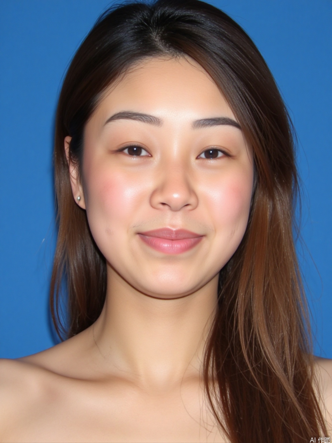 1women, solo, looking at viewer, smile, brown hair, brown eyes, jewelry, closed mouth, upper body, earrings, lips, blue background, nose
