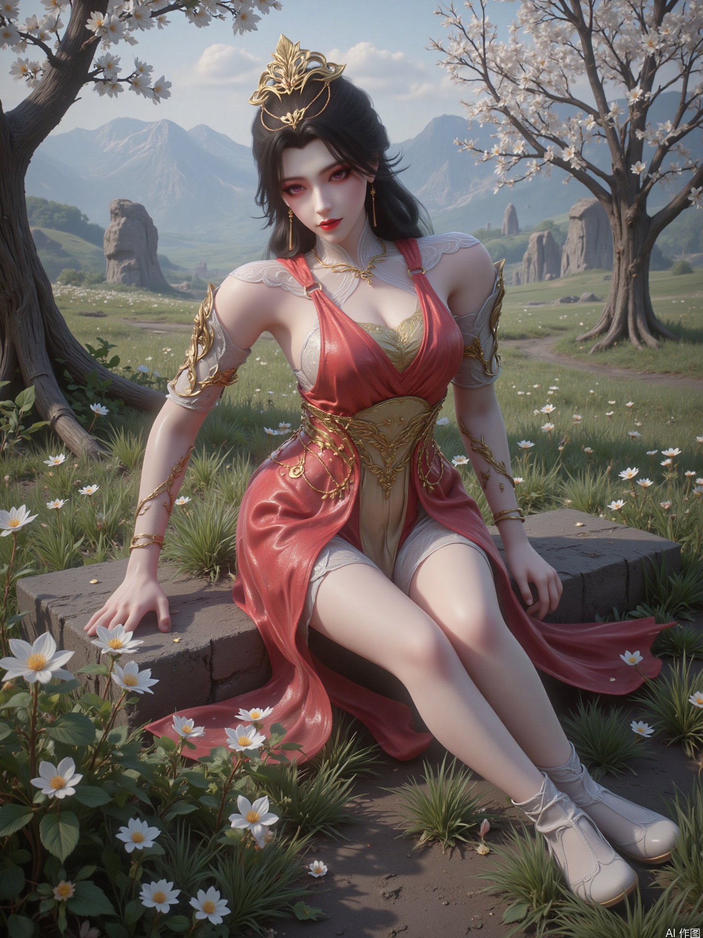 "The picture shows a woman with long black hair. This is her full body photo. She has pink eyes and pink red lips, delicate makeup, three-dimensional facial features, with golden headdress and earrings. Her overall image is sweet and sexy.

She wore a gorgeous long dress, red and gold in color, with exquisite accessories, a conspicuous red belt across her chest and white shoes on her feet

She lay lazily in the flowers, with one hand naturally placed on her chest, her legs straightened, her body stretched, and her eyes looked at the camera, revealing a lazy and charming temperament.

It is a realistic style, and the facial details, hair, clothing textures, etc. of the characters are delicately portrayed. The texture is excellent, the color combination is harmonious and vivid, and the picture is real and vivid.

The background is a natural scene full of fairy tale artistic conception, with trees full of white flowers, blooming on the branches and falling in the wind. In the distance are mountains shrouded in mist, with strange rock shapes and vegetation covering them. The overall background creates an extraordinary, mysterious and distant atmosphere.
"