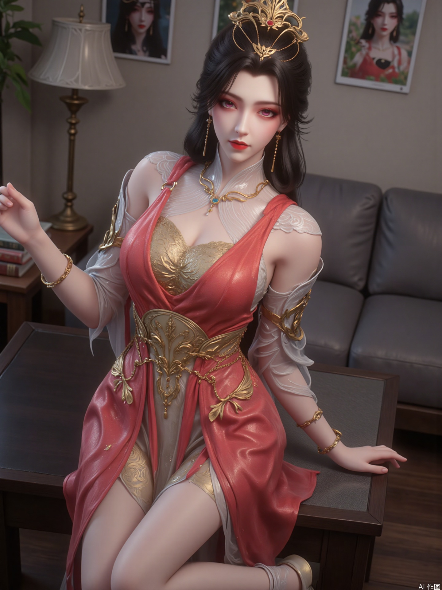"The picture shows a woman with long black hair. This is her full body photo. She has pink eyes and pink red lips, delicate makeup, three-dimensional facial features, with golden headdress and earrings. Her overall image is sweet and sexy.

She wore a gorgeous long dress, red and gold in color, with exquisite accessories, a conspicuous red belt across her chest and white shoes on her feet

She sat on a dark table, her legs were slightly bent together, her hands were naturally placed on her legs, her body leaned forward slightly, her head was raised to look at the camera, her posture was relaxed, and her eyes were calm.

It is a realistic style, and the facial details, hair, clothing textures and accessories of the characters are depicted in a highly detailed manner. The texture is excellent, the color combination is harmonious, the picture is real and full of lifestyle.

The background is an indoor scene, with some posters and photos posted on the wall, and gray sofas and stacked books next to it, creating a homely and literary environment that fits the characters' casual outfits. "