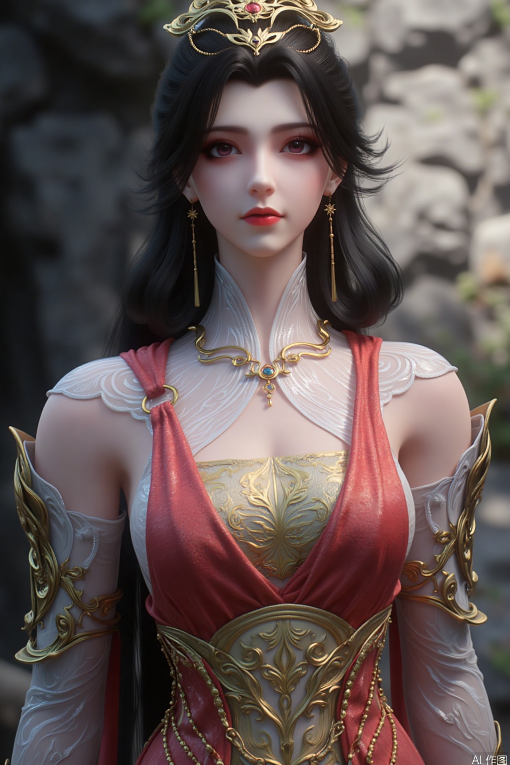 The image depicts a highly detailed and stylized character with intricate armor and ornate accessories. The character has long, dark hair and is adorned with golden earrings and a headpiece. The armor is white with gold accents, including a prominent red sash draped across the chest. The background appears to be a natural setting, possibly a rocky or forested area, with a blurred effect that emphasizes the character in the foreground. The overall aesthetic is reminiscent of fantasy or historical themes, with a focus on elegance and detail.