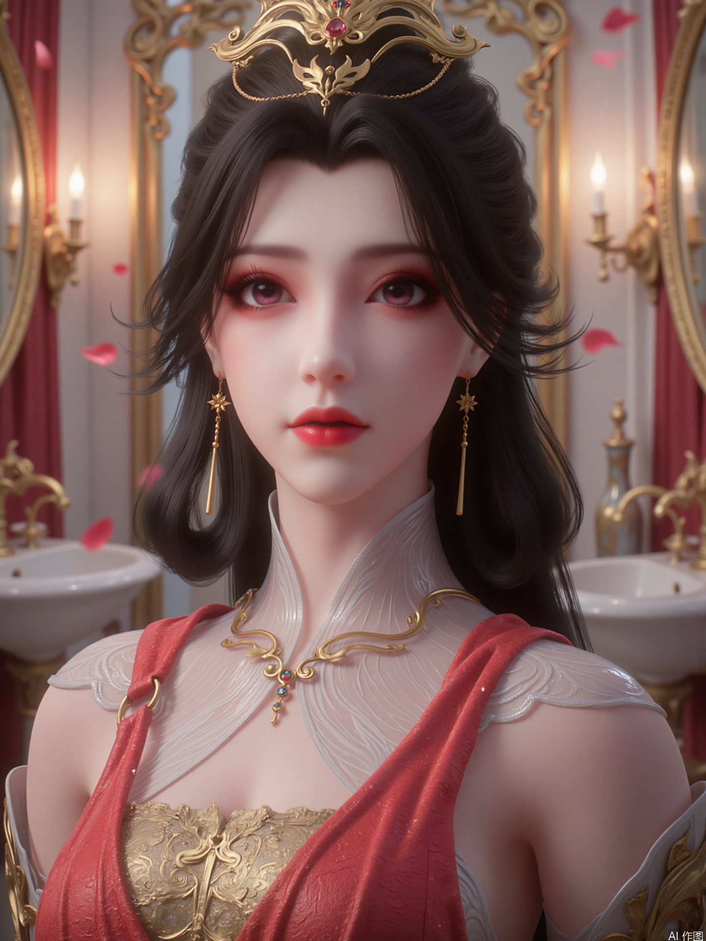 The picture shows a woman with long black hair. She has pink eyes and pink red lips, delicate makeup, three-dimensional facial features, a golden headdress and earrings. Her overall image is sweet and sexy.

She wore a gorgeous long dress, which was red and gold in color, with exquisite accessories on it.

The background is a gorgeously decorated interior scene with mirrors, golden wall lights, sinks and neatly arranged items, and the scattered petals add to the romantic atmosphere. "