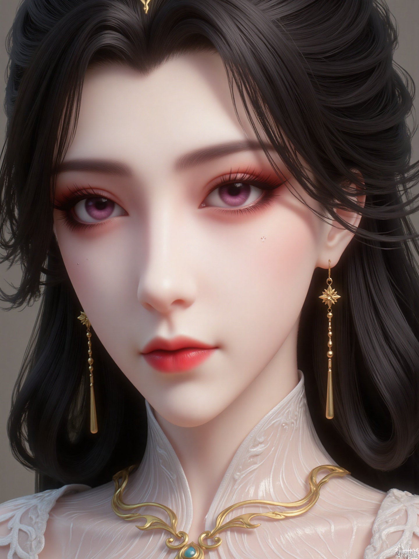 The picture shows a close-up of a woman with long black hair. She has pink eyes and pink red lips, delicate makeup, three-dimensional facial features, a golden headdress and earrings. Her overall image is sweet and sexy.