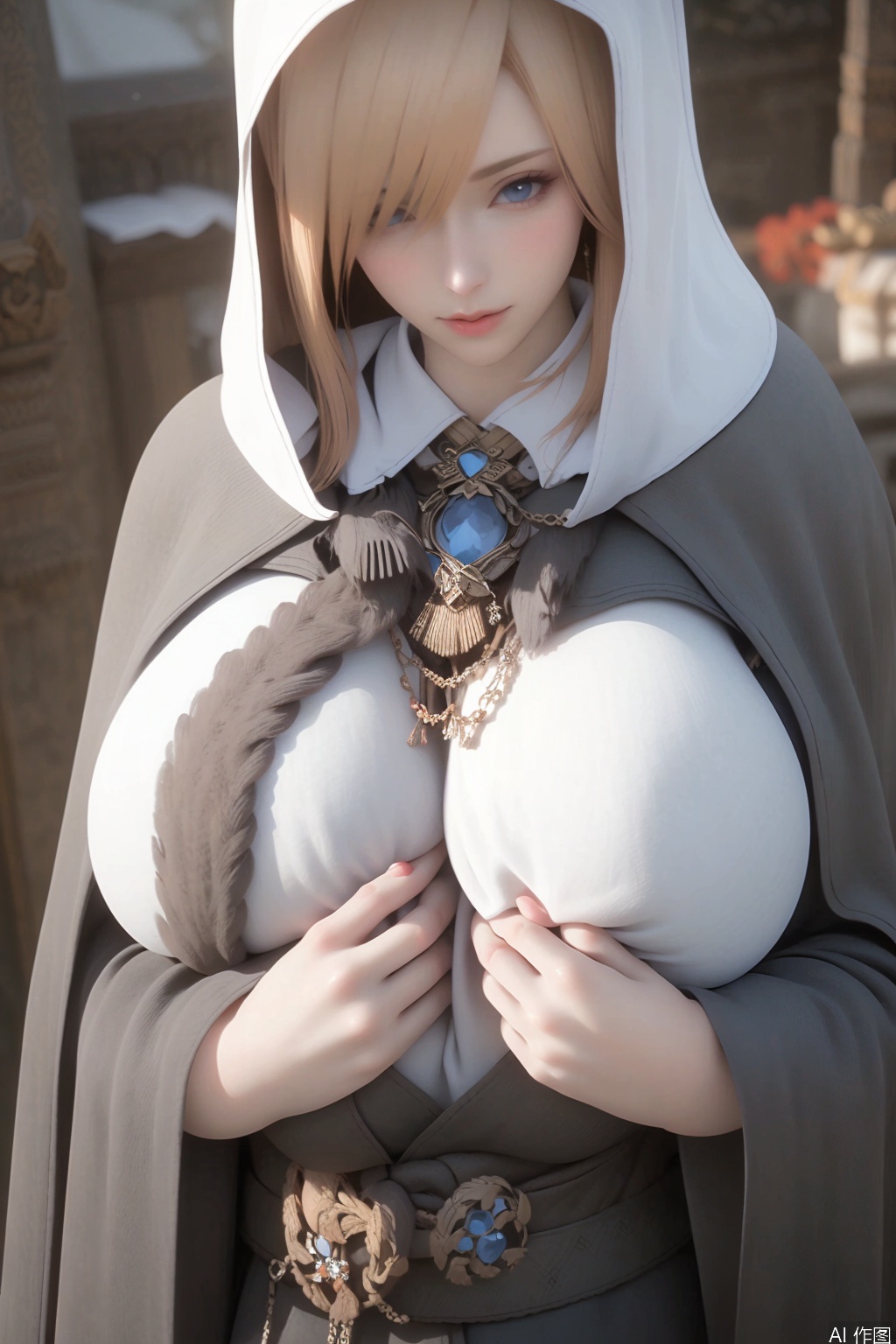 1girl solo breasts looking at viewer blue eyes blonde hair jewelry nipples hood covering cloak covering breasts cloak