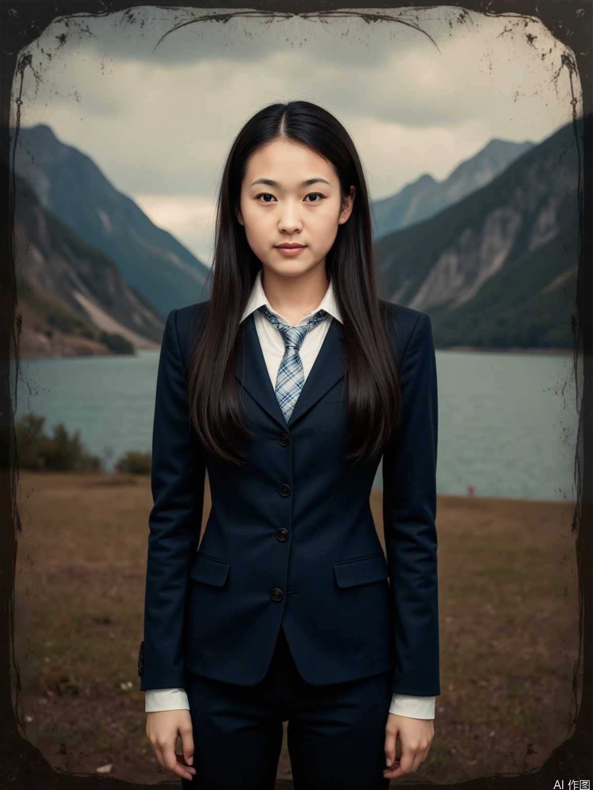 A young and slender Asian woman, positioned centrally in a vintage-style photograph. She appears to be with long, dark hair cascading down her back. She is wearing a dark navy school uniform jacket and a light-colored, patterned tie. Her expression is serious; her gaze directed directly at the viewer. The subject has a slender build. Her facial features are delicate, with a soft complexion. The background depicts a landscape with mountains and a body of water, rendered in muted colors. The overall aesthetic is melancholic, with the image appearing framed as an instant photograph, with scorched edges suggestive of a burned picture. The lighting in the image is subdued, creating a dramatic atmosphere. The composition is a three-quarter view portrait. A subtle flame effect is visible around the edges of the picture frame. The style is evocative of vintage/retro photography, producing a dramatic effect... professional photoshoot, epic scenery, cinematic lighting, photorealistic representation, superb quality, highly detailed, fine IMAX-level detail, creativity, rich imagination, exquisite details, sharp high resolution, special originality, 8K rendering, sharp focus, high contrast, vivid colors, realism, maximalism, perfect anatomy, perfect fingers, accurate anatomy, professional, award-winning, bokeh, top quality, very detailed, delicate details, very realistic photography, masterpiece, beauty and aesthetics, HDR
