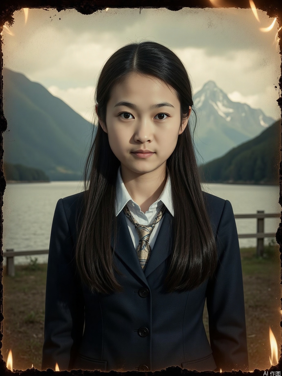 A young and slender 10yo Asian girl, positioned centrally in a vintage-style photograph. She appears to be with long, dark hair cascading down her back. She is wearing a dark navy school uniform jacket and a light-colored, patterned tie. Her expression is serious; her gaze directed directly at the viewer. The subject has a slender build. Her facial features are delicate, with a soft complexion. The background depicts a landscape with mountains and a body of water, rendered in muted colors. The overall aesthetic is melancholic, with the image appearing framed as an instant photograph, with scorched edges suggestive of a burned picture. The lighting in the image is subdued, creating a dramatic atmosphere. The composition is a three-quarter view portrait. A subtle flame effect is visible around the edges of the picture frame. The style is evocative of vintage/retro photography, producing a dramatic effect... professional photoshoot, epic scenery, cinematic lighting, photorealistic representation, superb quality, highly detailed, fine IMAX-level detail, creativity, rich imagination, exquisite details, sharp high resolution, special originality, 8K rendering, sharp focus, high contrast, vivid colors, realism, maximalism, perfect anatomy, perfect fingers, accurate anatomy, professional, award-winning, bokeh, top quality, very detailed, delicate details, very realistic photography, masterpiece, beauty and aesthetics, HDR

